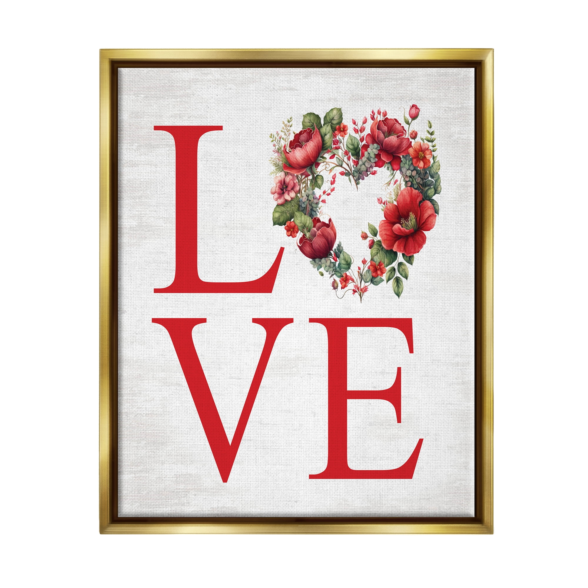 Stupell Industries Love with Heart Wreath Botanical & Floral Painting Gold Floater Framed Canvas Art Print Wall Art, 17 x 21