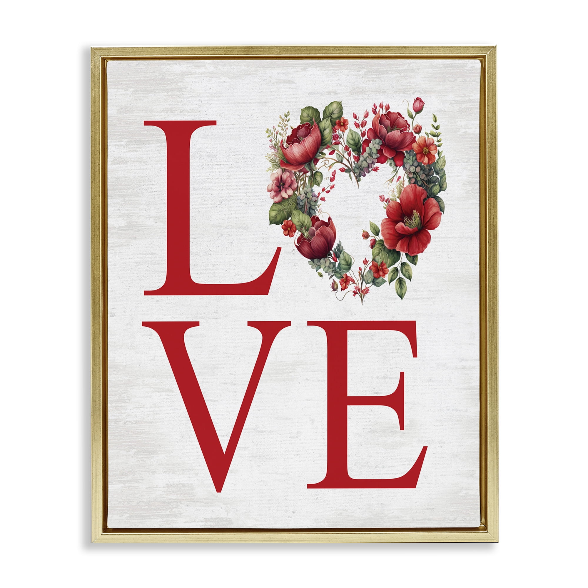 Stupell Industries Love with Heart Wreath Botanical & Floral Painting Gold Floater Framed Canvas Art Print Wall Art, 17 x 21