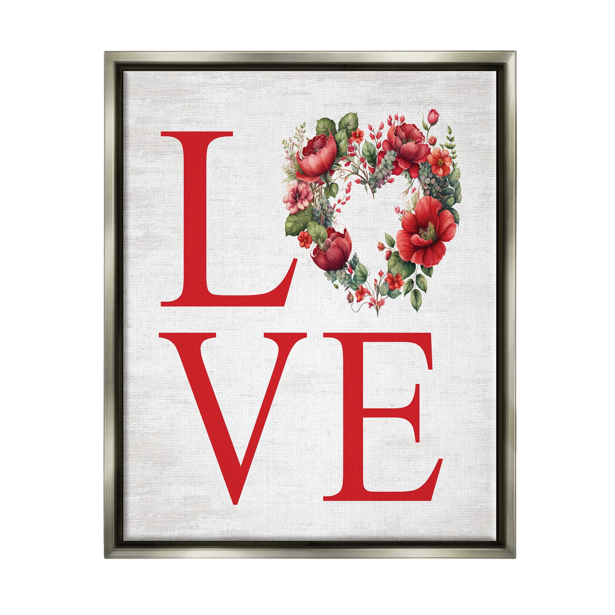 Stupell Industries Love with Heart Wreath Botanical & Floral Painting Gray Floater Framed Canvas Art Print Wall Art, 17 x 21