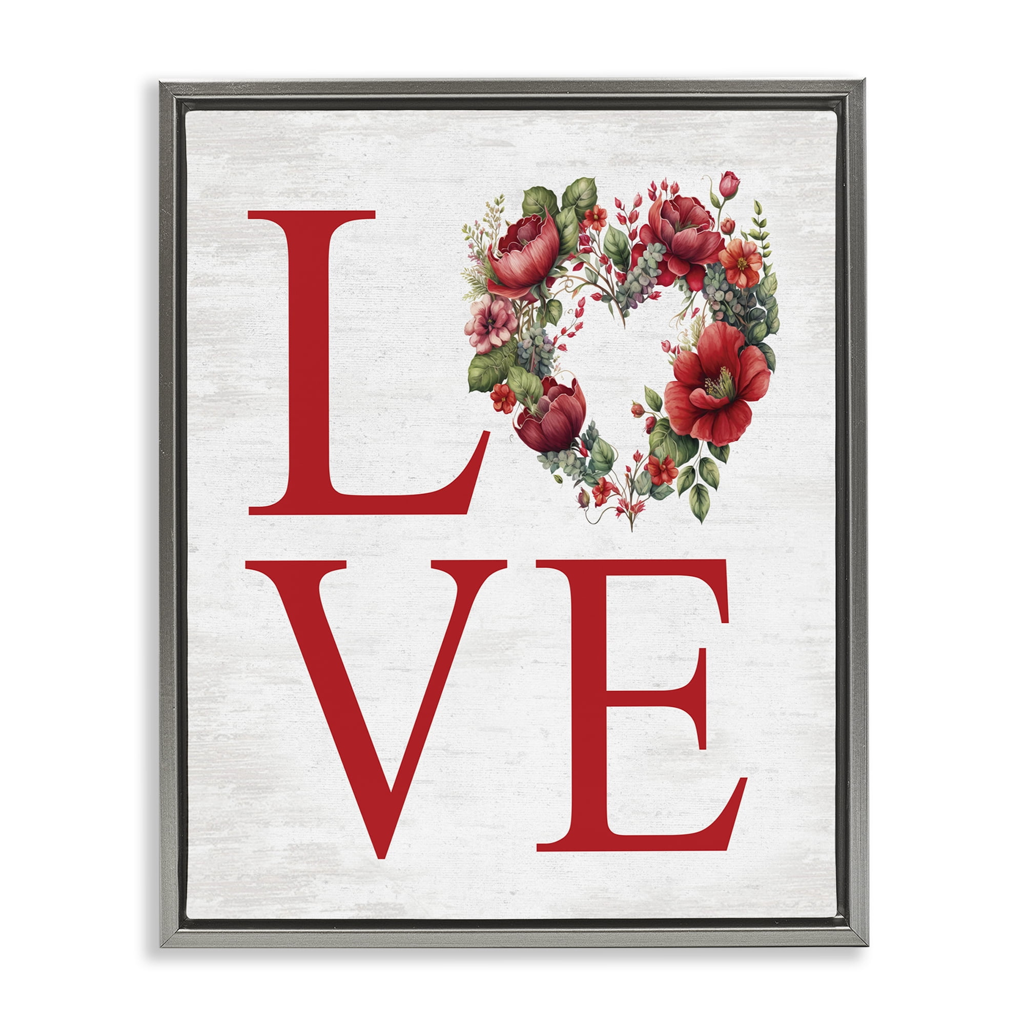 Stupell Industries Love with Heart Wreath Botanical & Floral Painting Gray Floater Framed Canvas Art Print Wall Art, 17 x 21