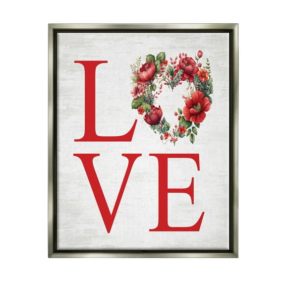 Stupell Industries Love with Heart Wreath Botanical & Floral Painting Gray Floater Framed Canvas Art Print Wall Art, 25 x 31