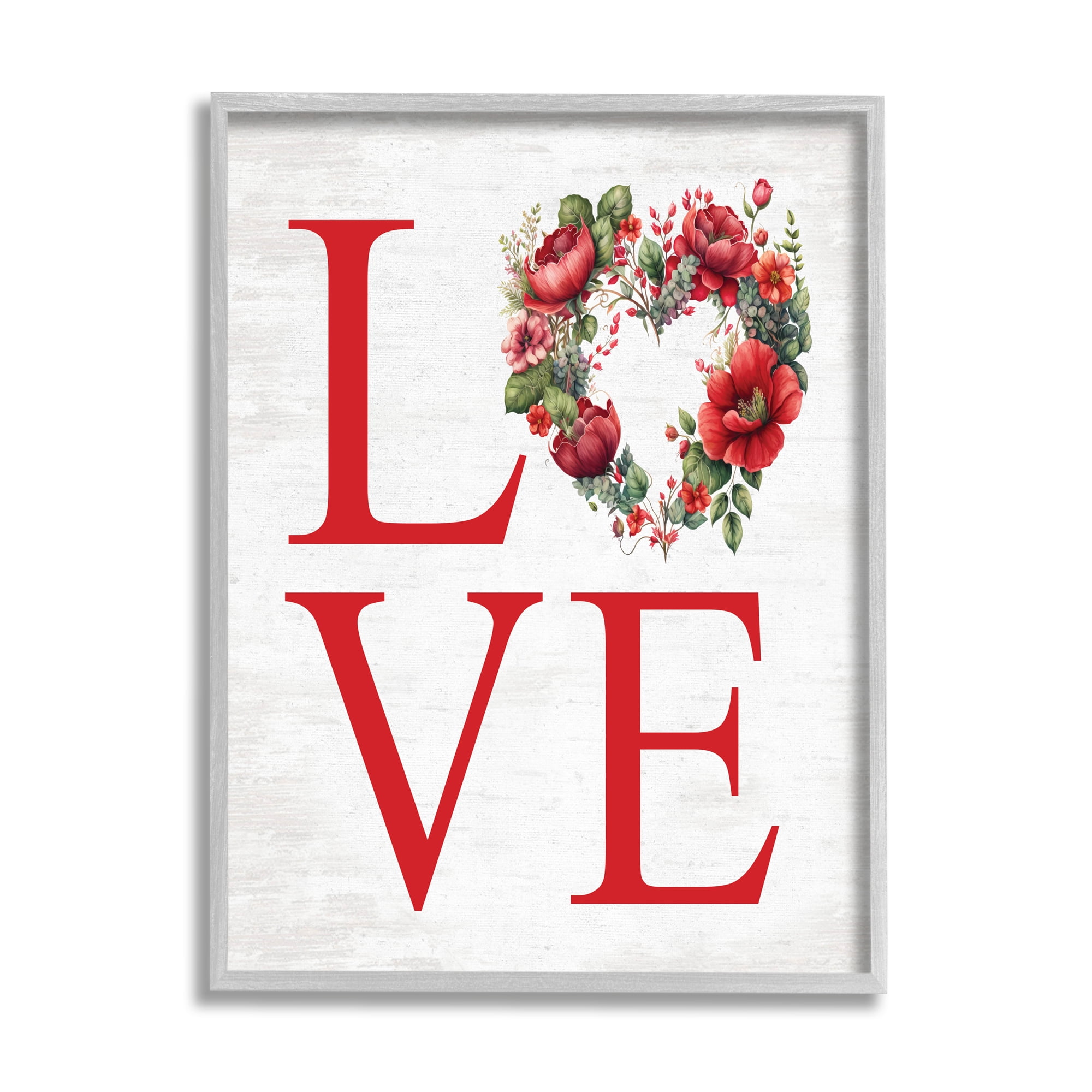 Stupell Industries Love with Heart Wreath Botanical & Floral Painting Gray Framed Art Print Wall Art, 16 x 20