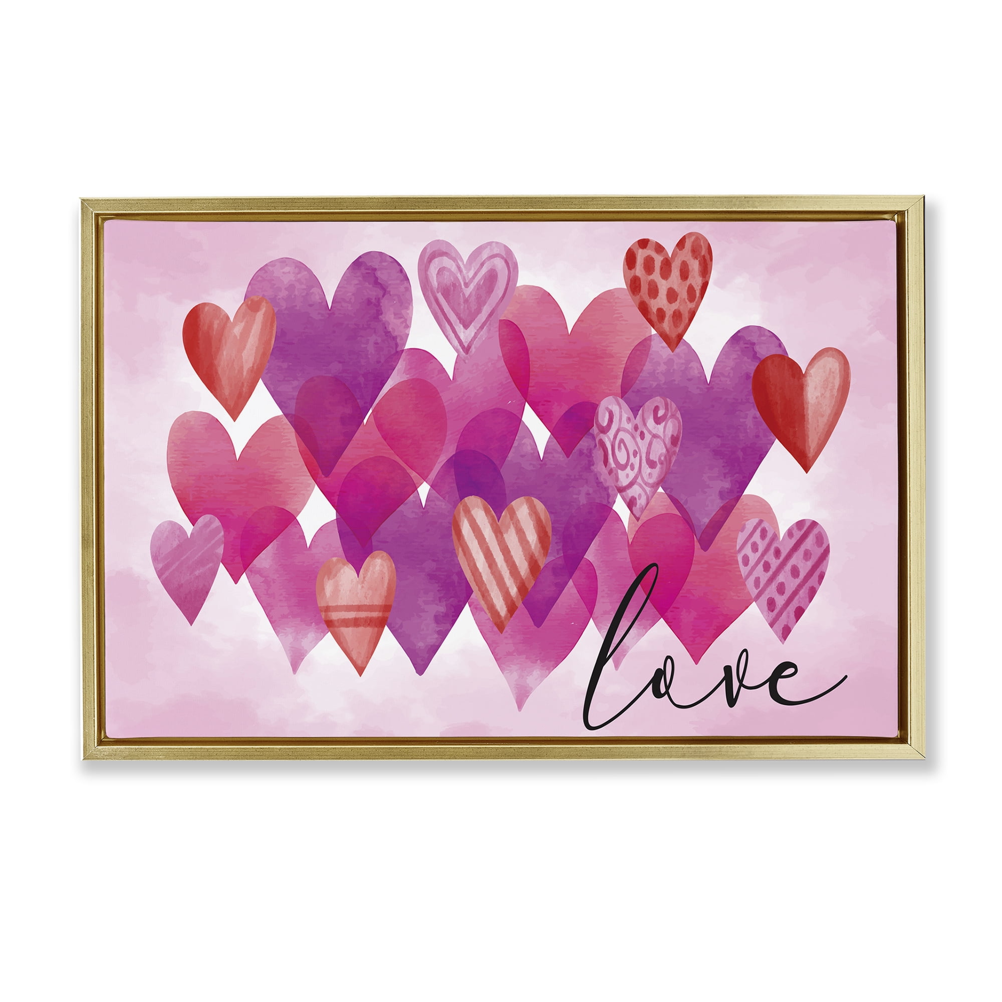 Stupell Industries Love with Layered Hearts Text & Numbers Painting Gold Floater Framed Canvas Art Print Wall Art, 31 x 21