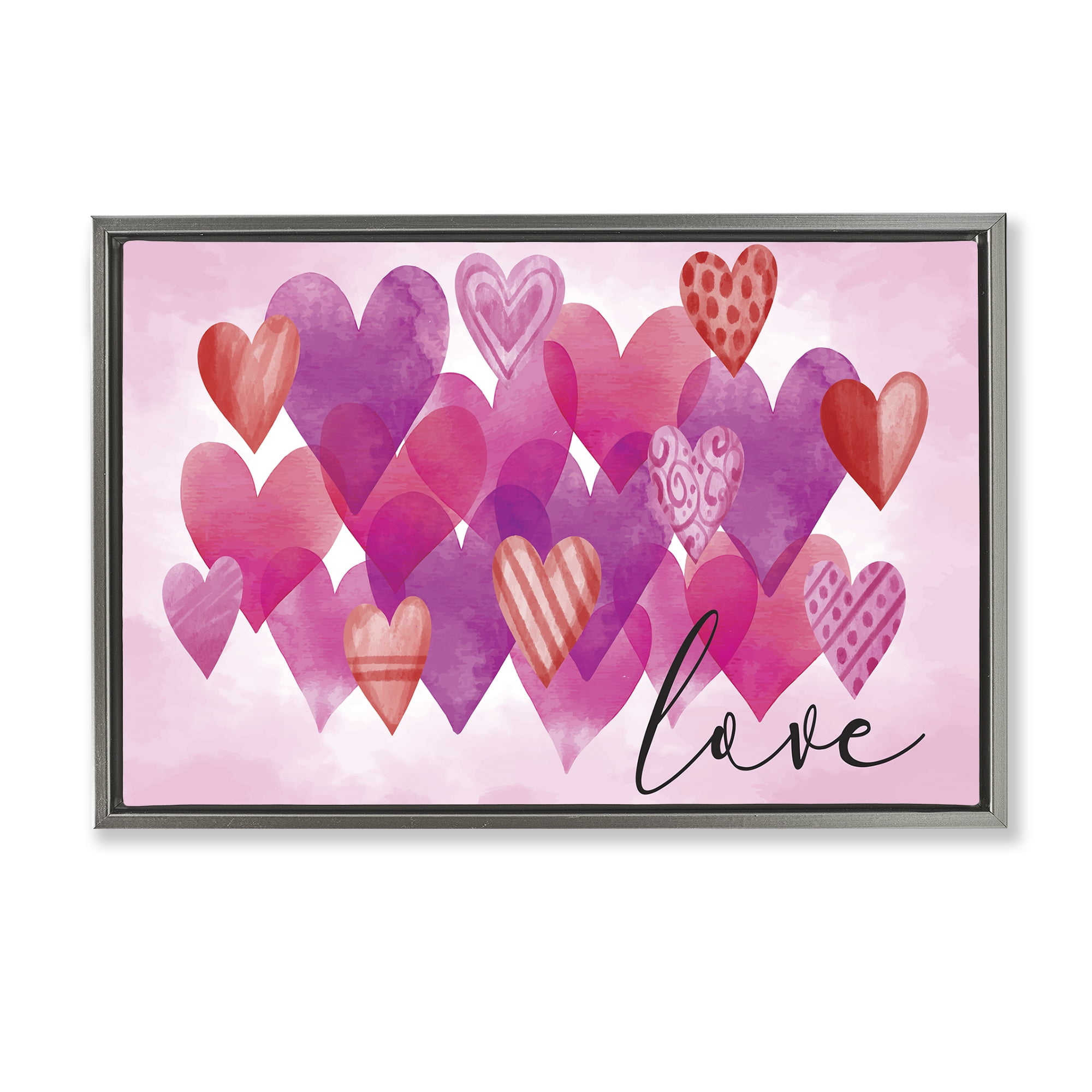 Stupell Industries Love with Layered Hearts Text & Numbers Painting Gray Floater Framed Canvas Art Print Wall Art, 25 x 17
