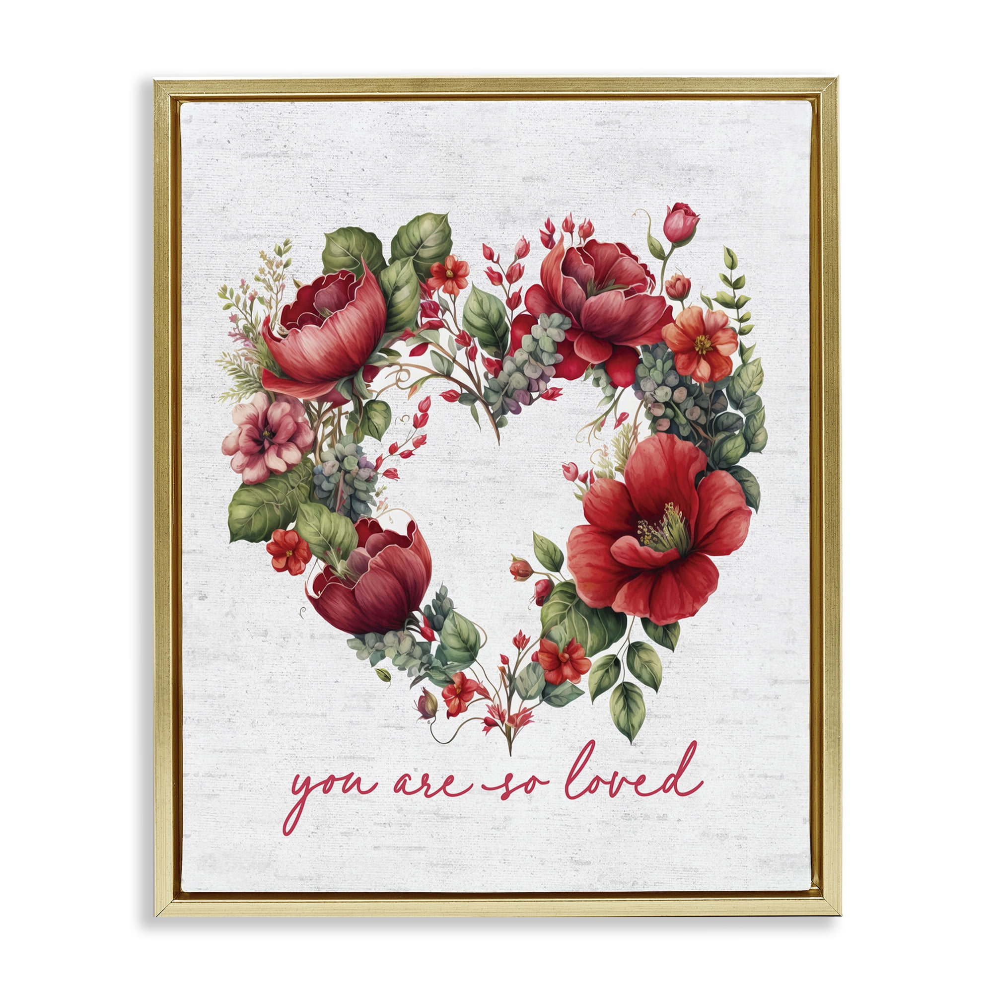Stupell Industries Loved Heart Wreath Botanical & Floral Painting Gold Floater Framed Canvas Art Print Wall Art, 25 x 31