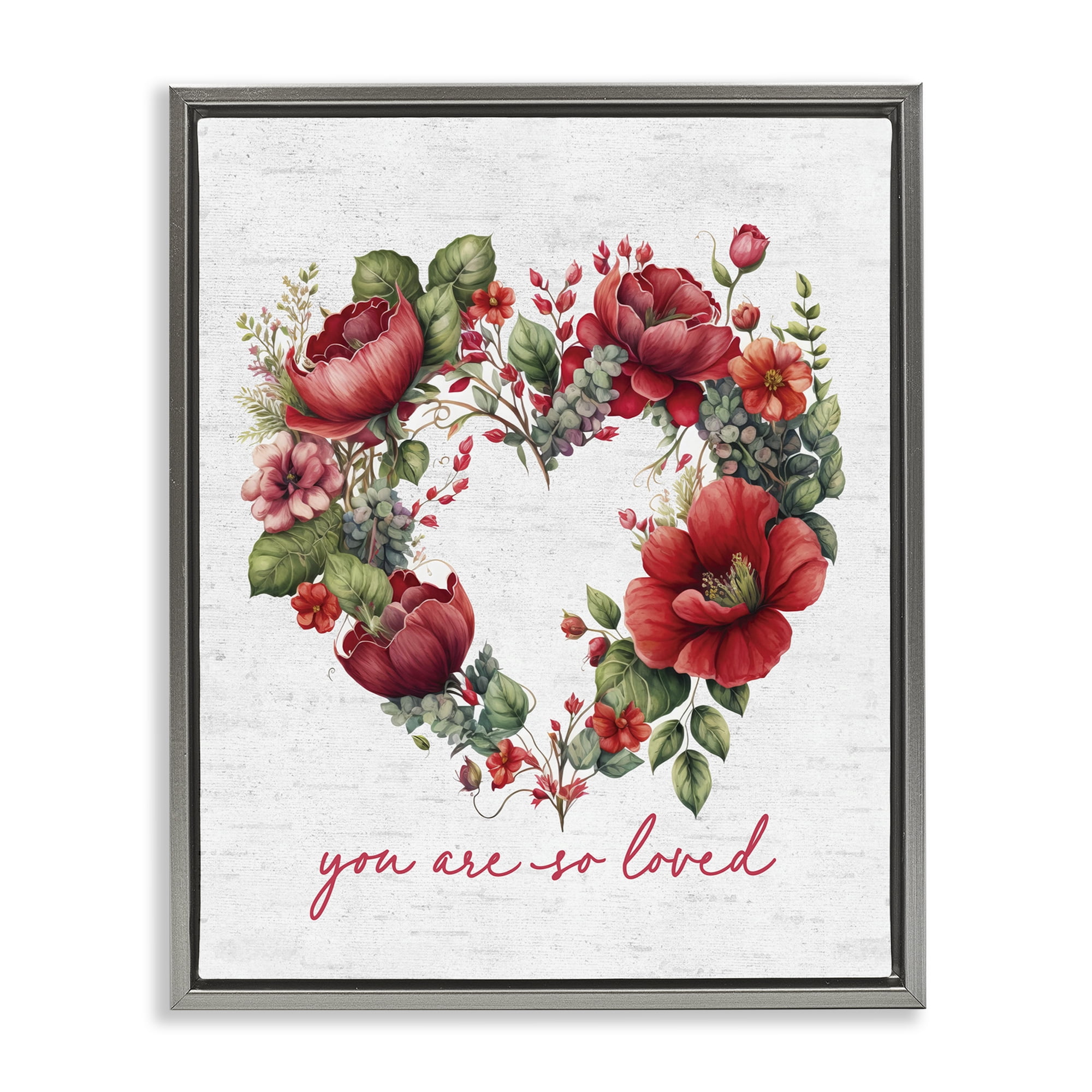 Stupell Industries Loved Heart Wreath Botanical & Floral Painting Gray Floater Framed Canvas Art Print Wall Art, 17 x 21