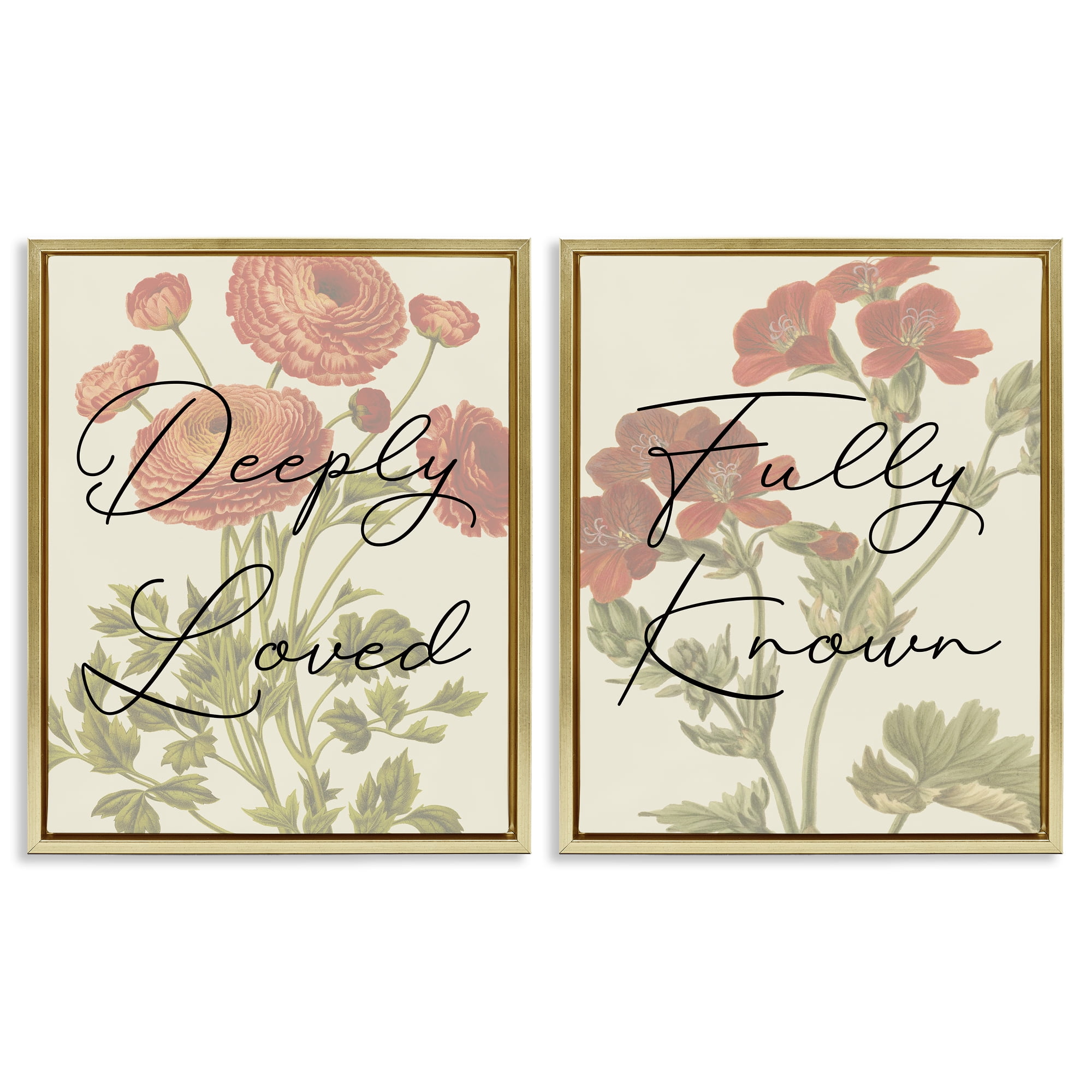 Stupell Industries Loved & Known Florals Plants & Flowers Painting Gold Floater Framed Canvas Art Print Wall Art, 17 x 21, Set of 2
