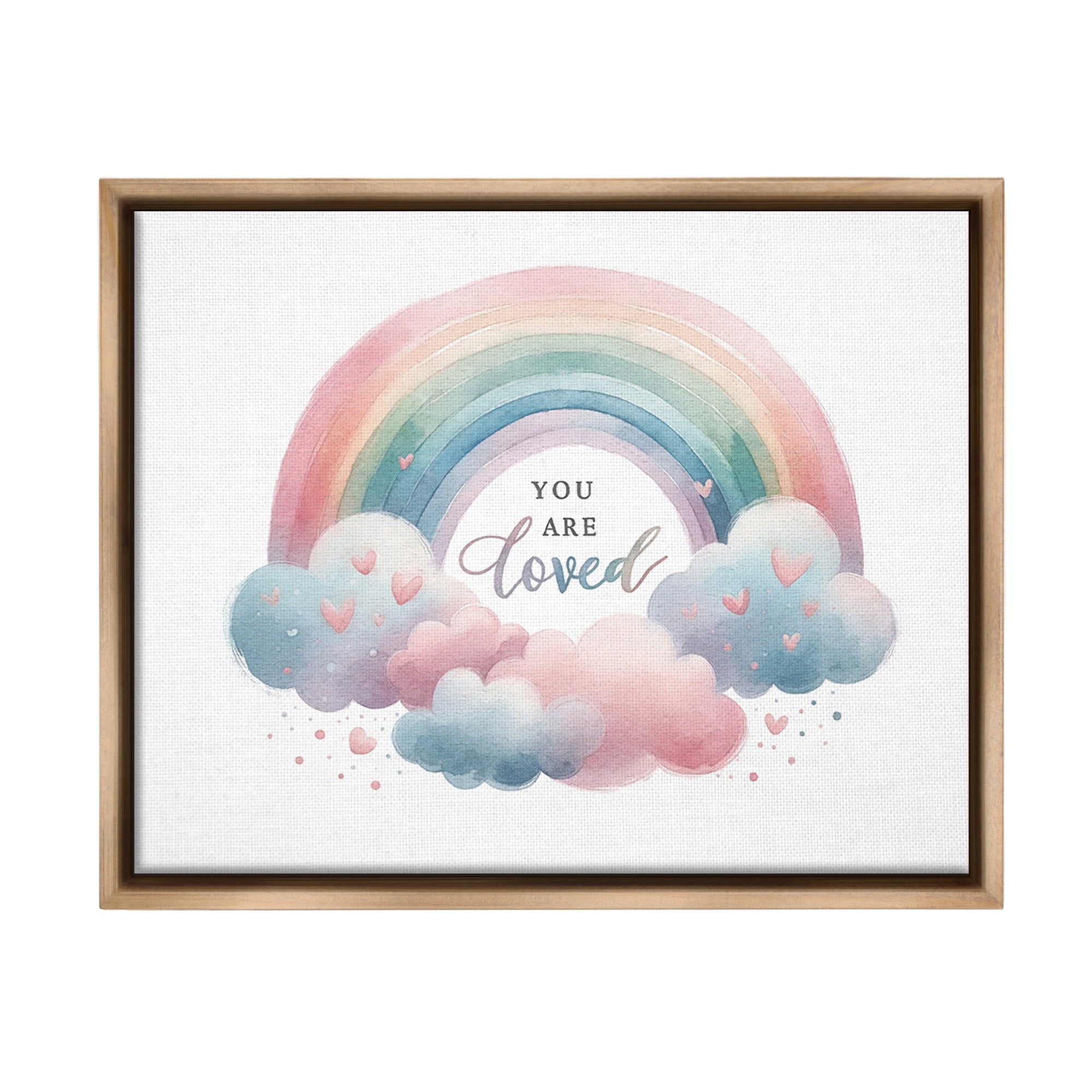 Stupell Industries Loved with Pastel Rainbow Inspirational Painting Brown Floater Framed Canvas Art Print Wall Art, 21 x 17