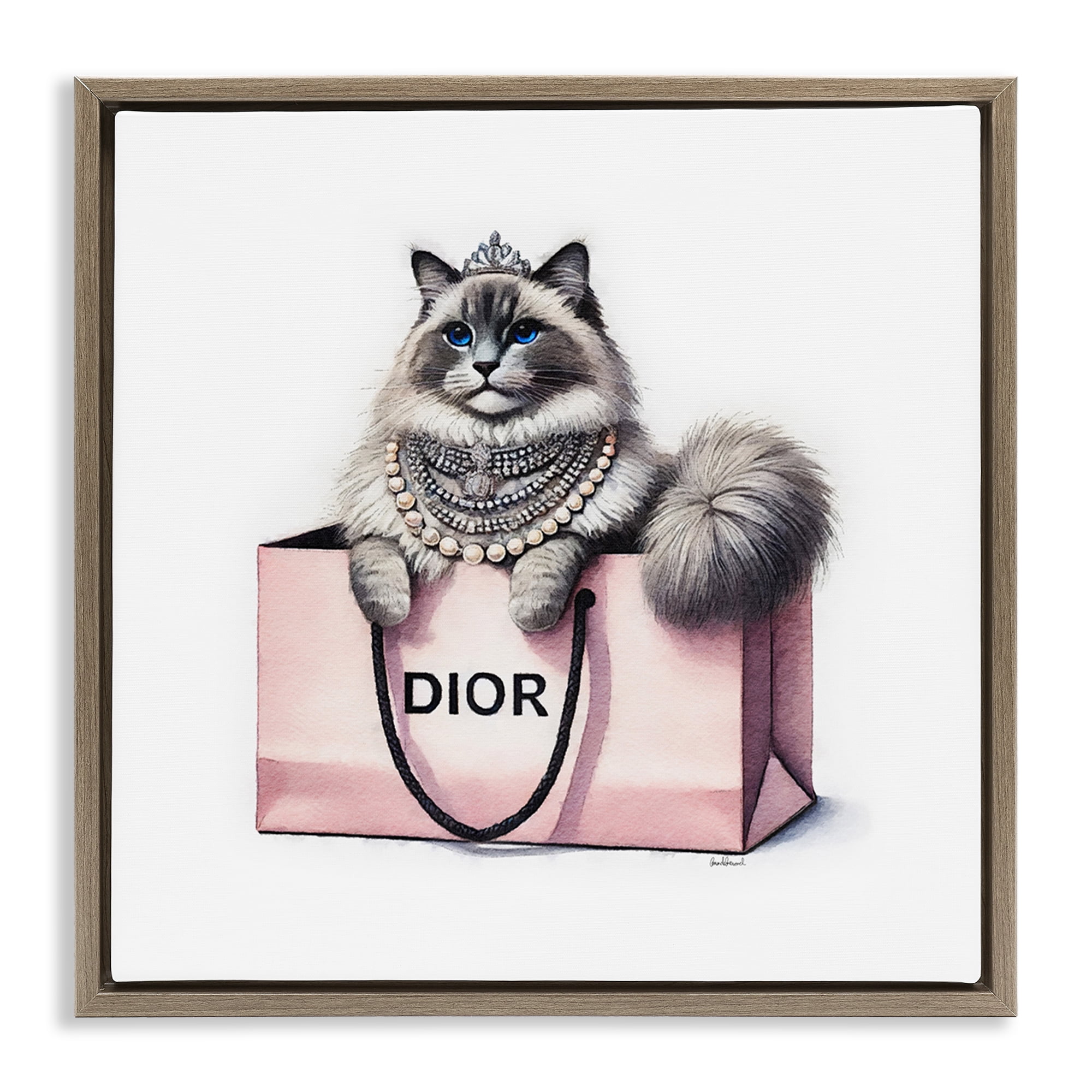 Stupell Industries Lovely Cat in Shopping Bag Animals Painting Brown Floater Framed Canvas Art Print Wall Art, 18 x 18
