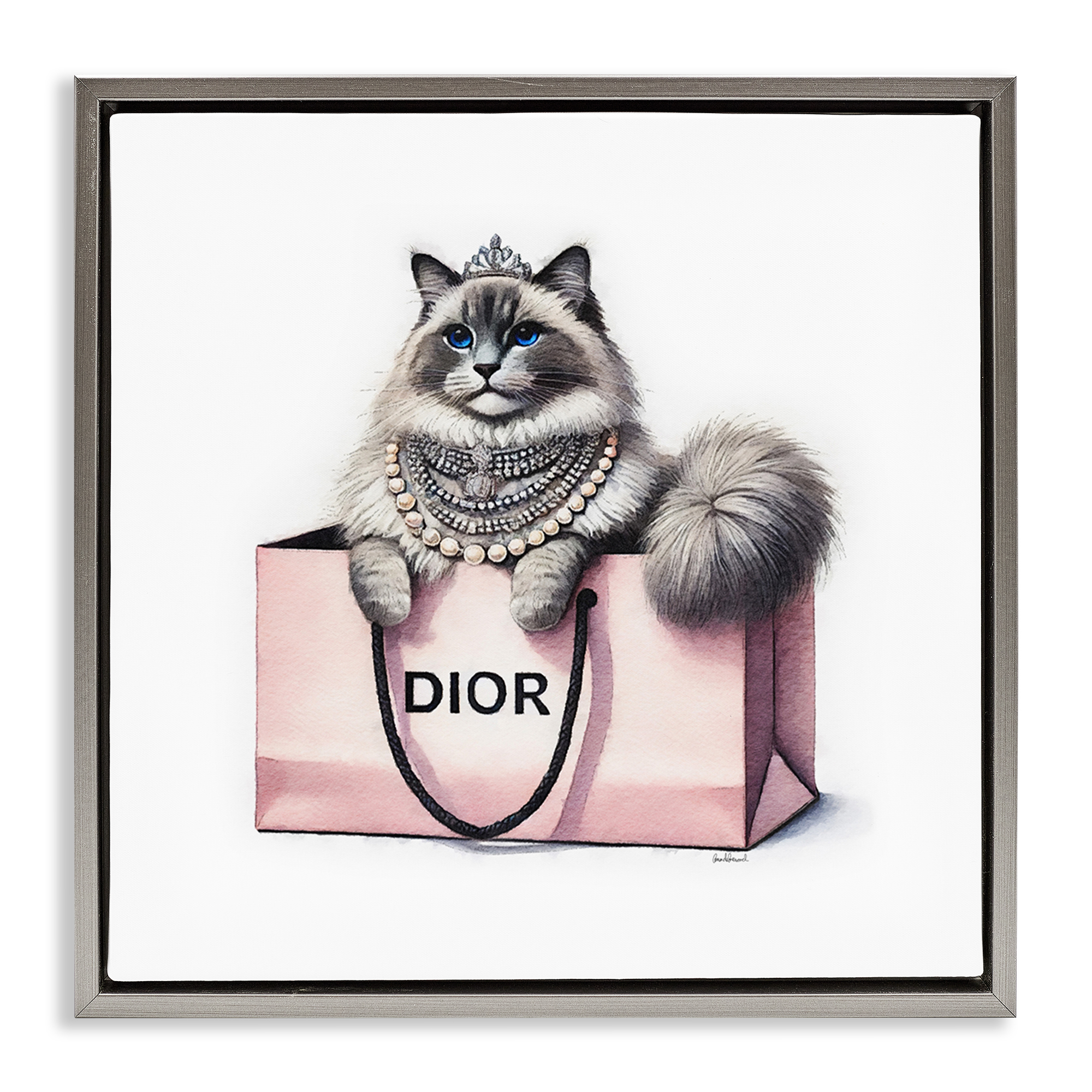 Stupell Industries Lovely Cat in Shopping Bag Animals Painting Gray Floater Framed Canvas Art Print Wall Art, 25 x 25