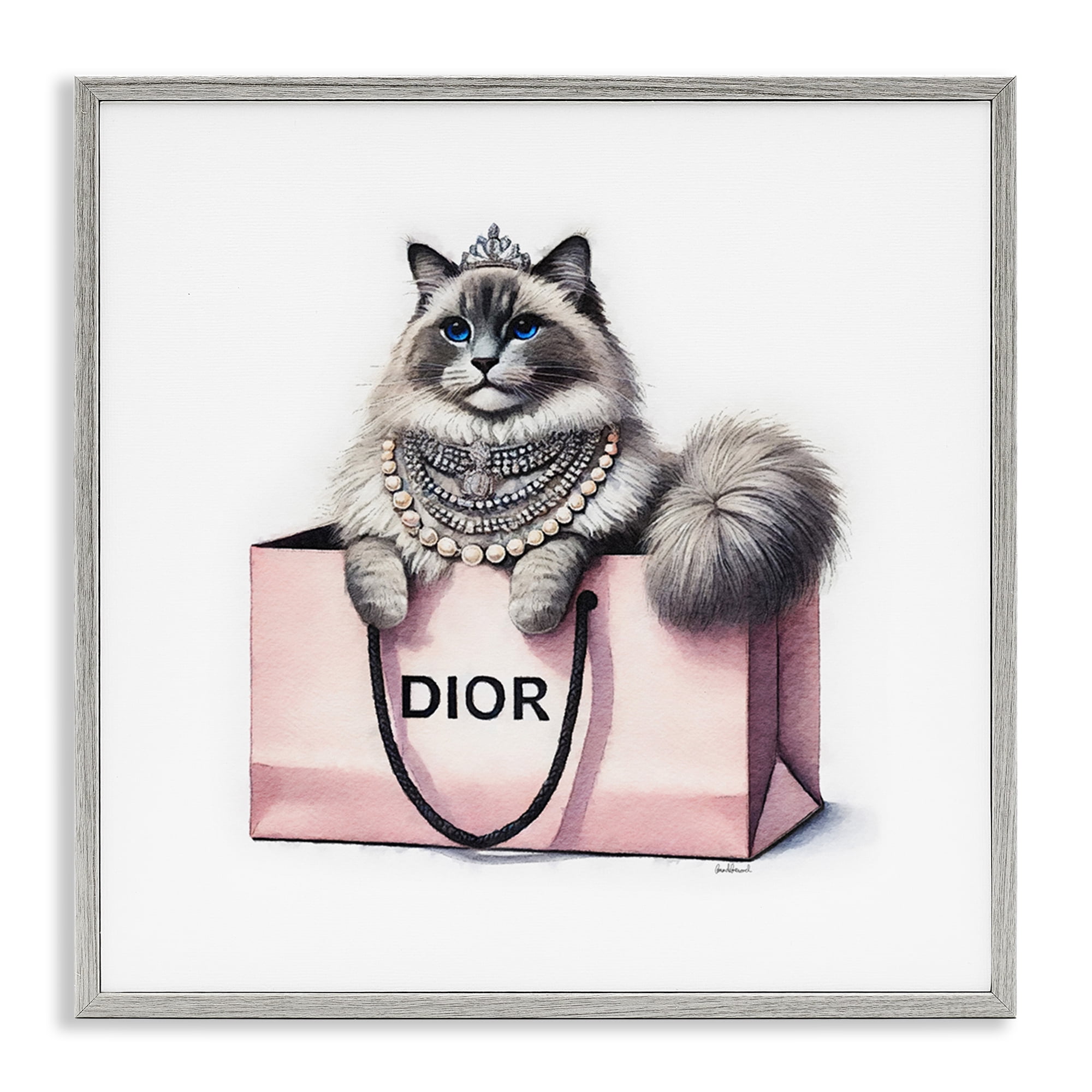 Stupell Industries Lovely Cat in Shopping Bag Animals Painting Gray Framed Art Print Wall Art, 17 x 17