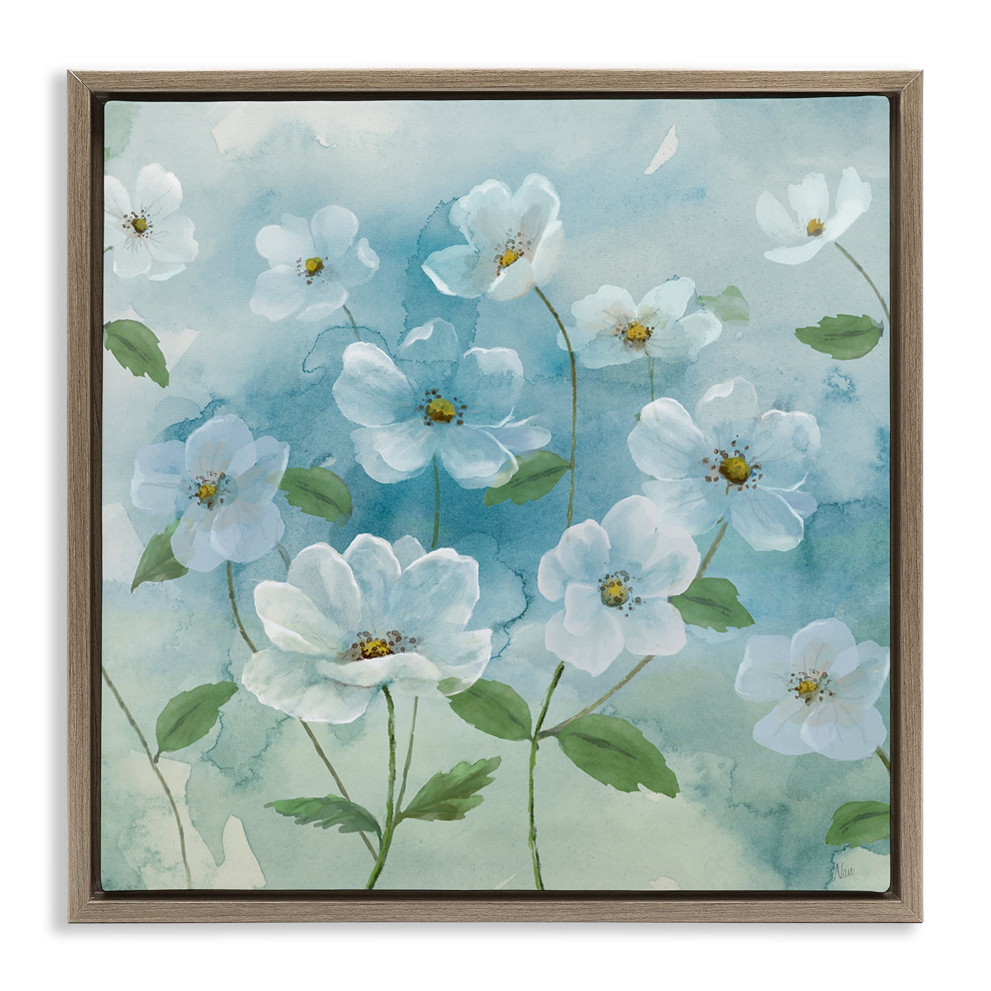 Stupell Industries Lovely Flowers on Blue Plants & Flowers Painting Brown Floater Framed Canvas Art Print Wall Art, 25 x 25