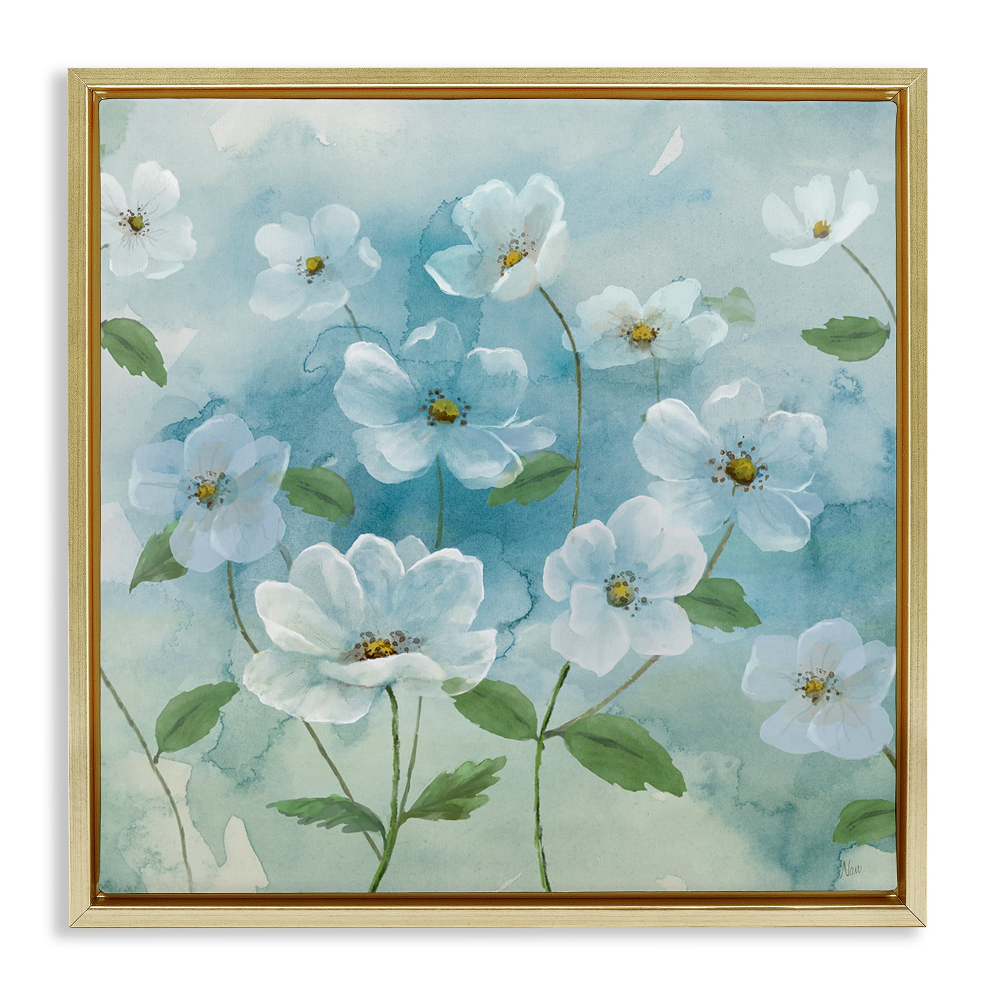 Stupell Industries Lovely Flowers on Blue Plants & Flowers Painting Gold Floater Framed Canvas Art Print Wall Art, 25 x 25