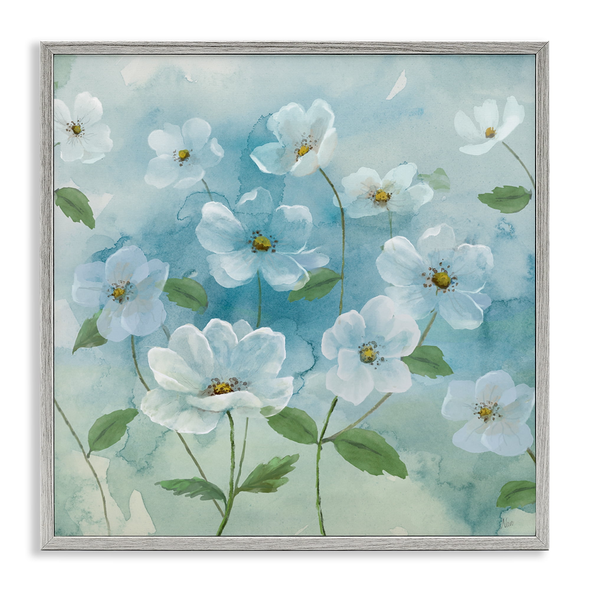 Stupell Industries Lovely Flowers on Blue Plants & Flowers Painting Gray Framed Art Print Wall Art, 17 x 17