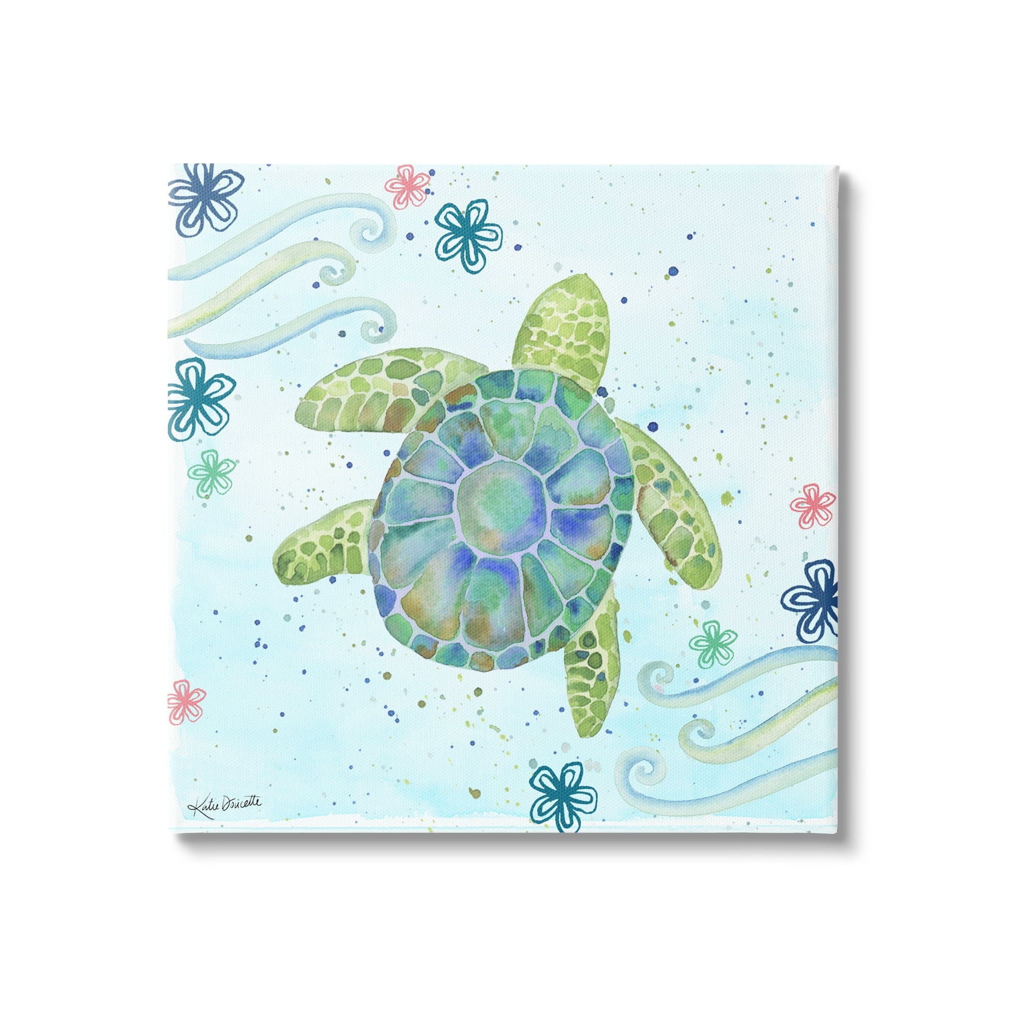 Lovely Green Sea Turtle Ocean Flower Painting on Canvas, 17" x 17"