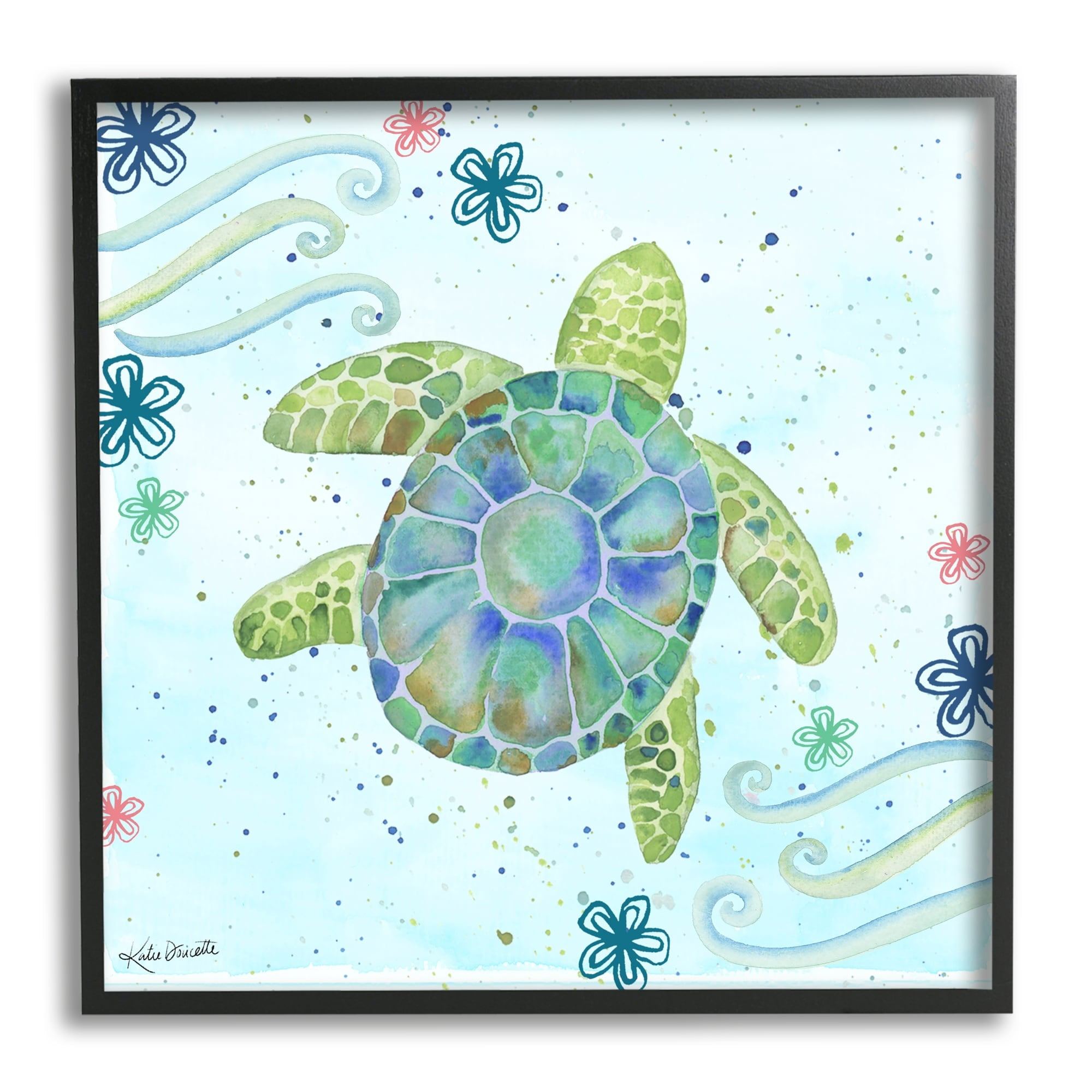 Stupell Industries Lovely Green Sea Turtle Ocean Flower Painting Framed Wall Art, 12 x 12, Design by Katie Doucette