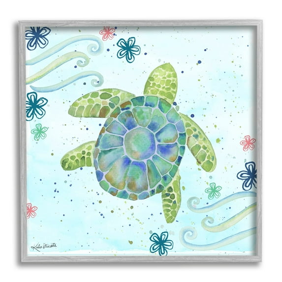 Stupell Industries Lovely Green Sea Turtle Ocean Flower Painting Framed Wall Art, 12 x 12, Design by Katie Doucette