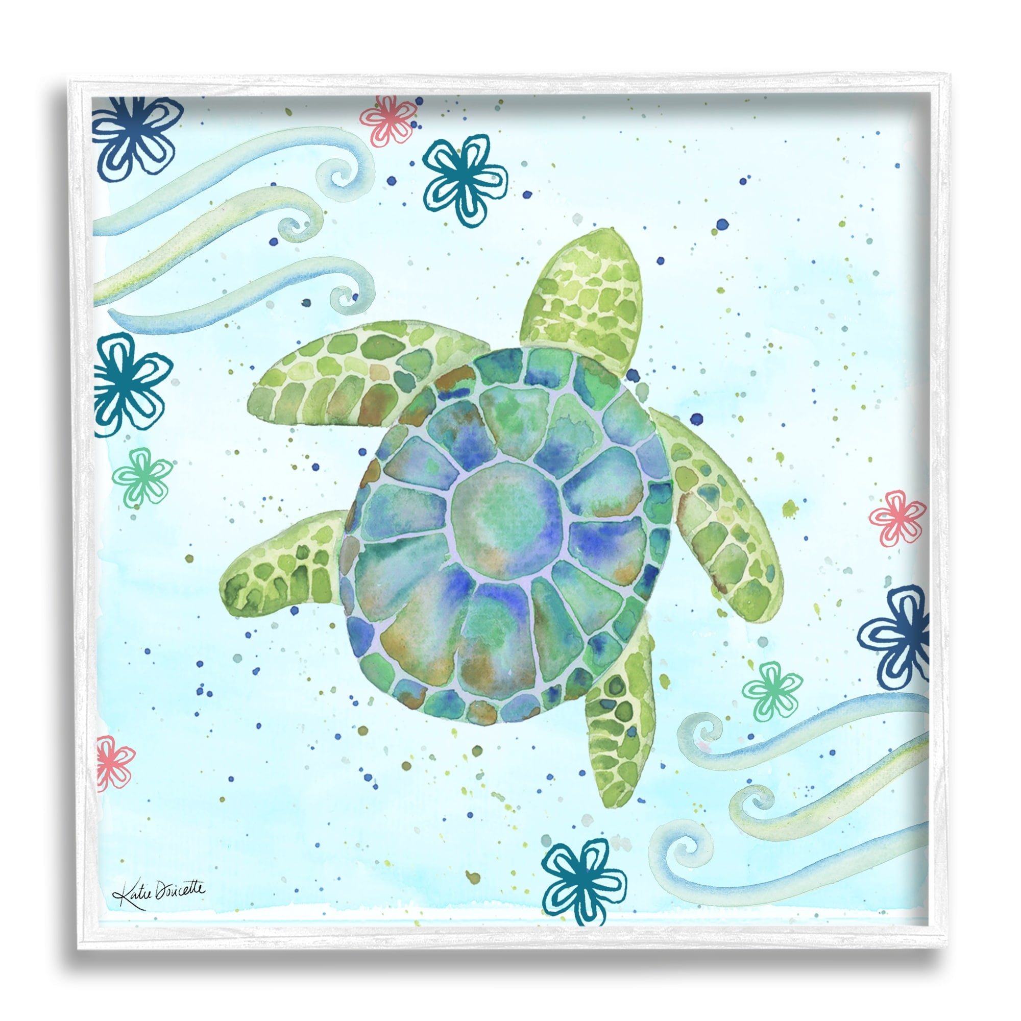 Stupell Industries Lovely Green Sea Turtle Ocean Flower Painting Framed Wall Art, 24 x 24, Design by Katie Doucette