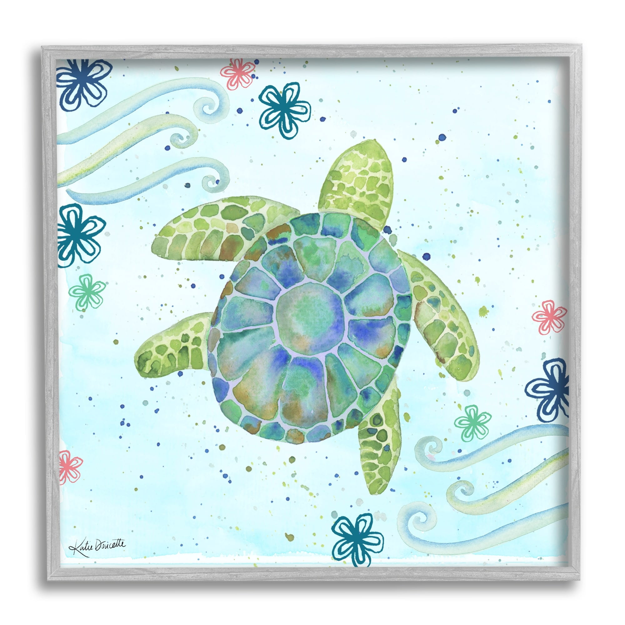 Stupell Industries Lovely Green Sea Turtle Ocean Flower Painting Framed Wall Art, 24 x 24, Design by Katie Doucette
