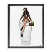 Stupell Industries Lovely Lady on Coffee Cup People Painting Black Floater Framed Canvas Art Print Wall Art, 17 x 21