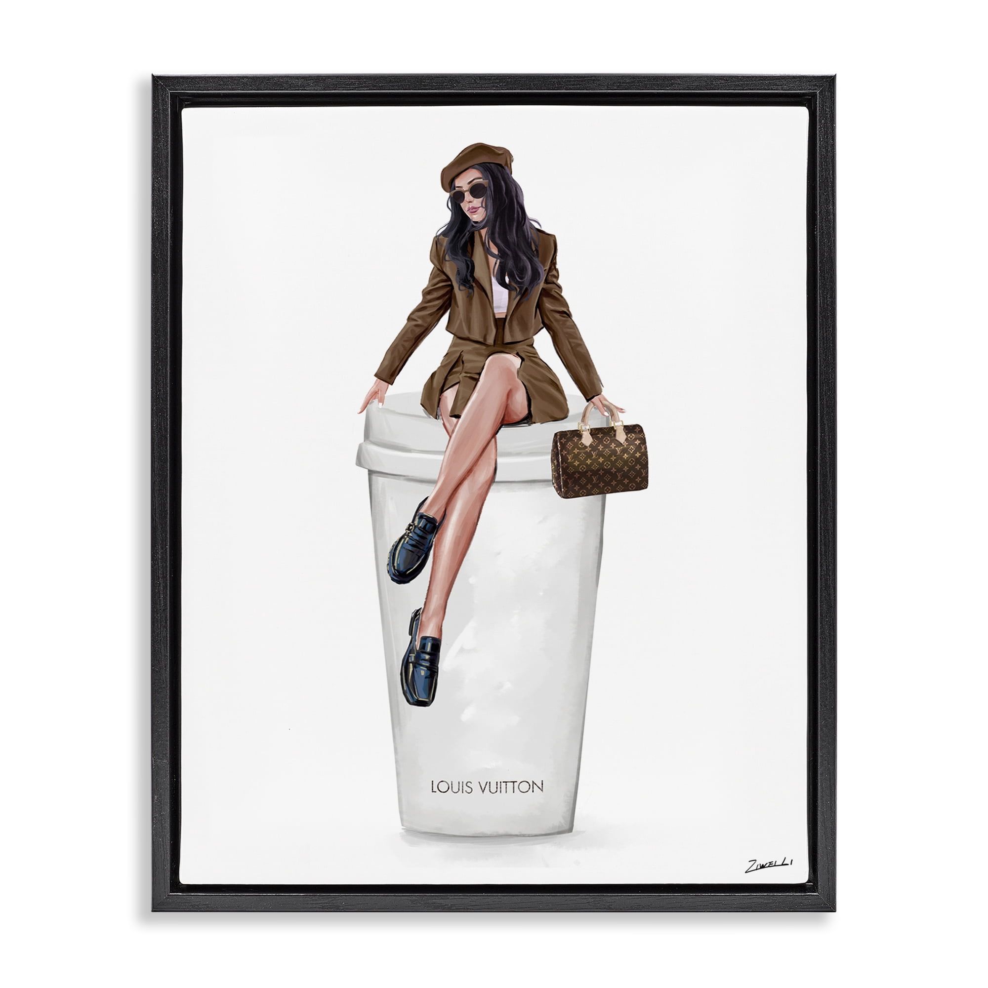 Stupell Industries Lovely Lady on Coffee Cup People Painting Black Floater Framed Canvas Art Print Wall Art, 25 x 31