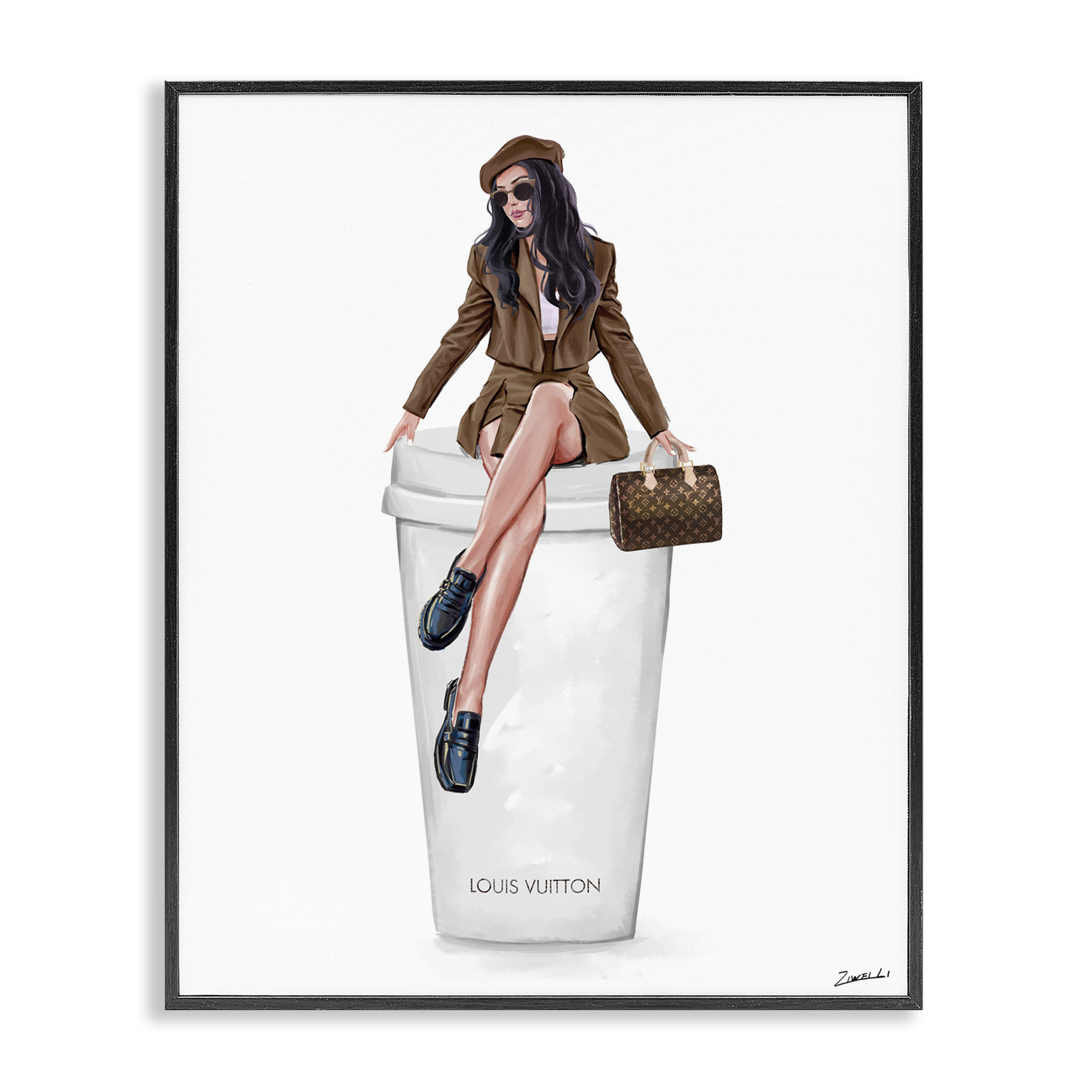 Stupell Industries Lovely Lady on Coffee Cup People Painting Black Framed Art Print Wall Art, 16 x 20