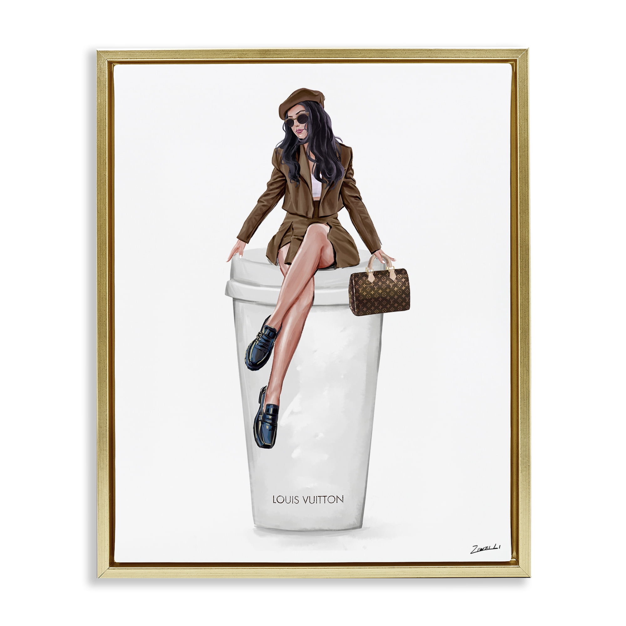 Stupell Industries Lovely Lady on Coffee Cup People Painting Gold Floater Framed Canvas Art Print Wall Art, 17 x 21