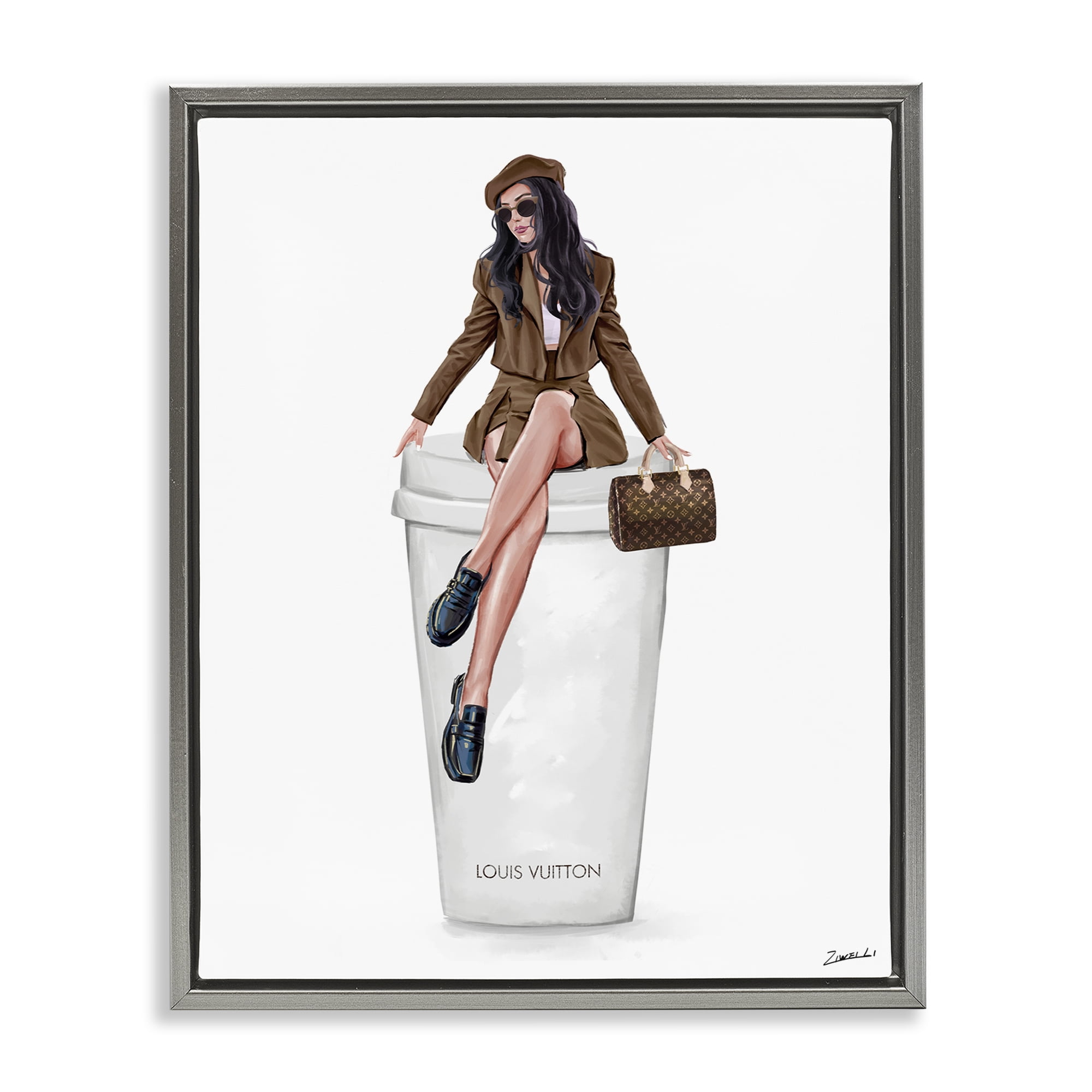 Stupell Industries Lovely Lady on Coffee Cup People Painting Gray Floater Framed Canvas Art Print Wall Art, 17 x 21