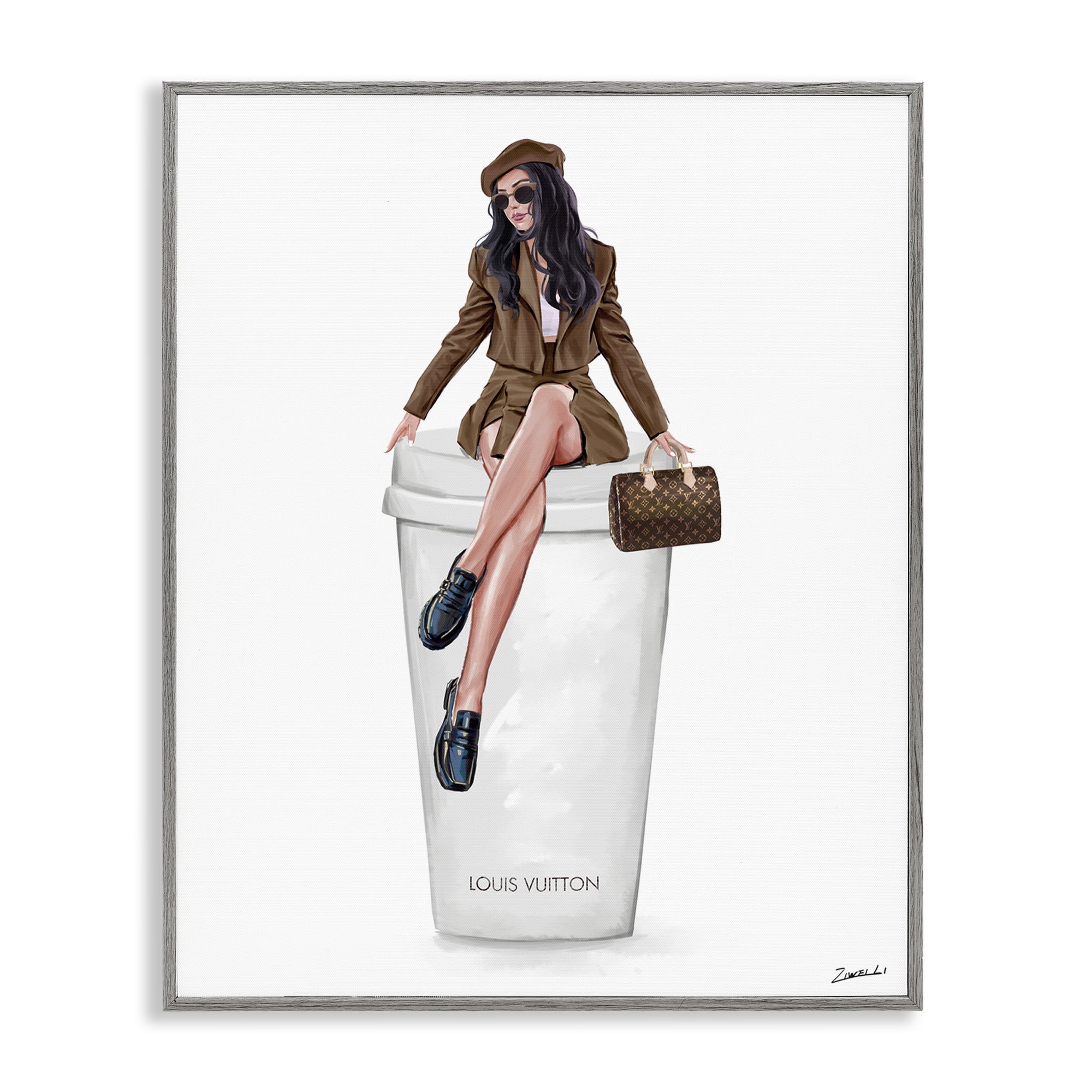 Stupell Industries Lovely Lady on Coffee Cup People Painting Gray Framed Art Print Wall Art, 24 x 30