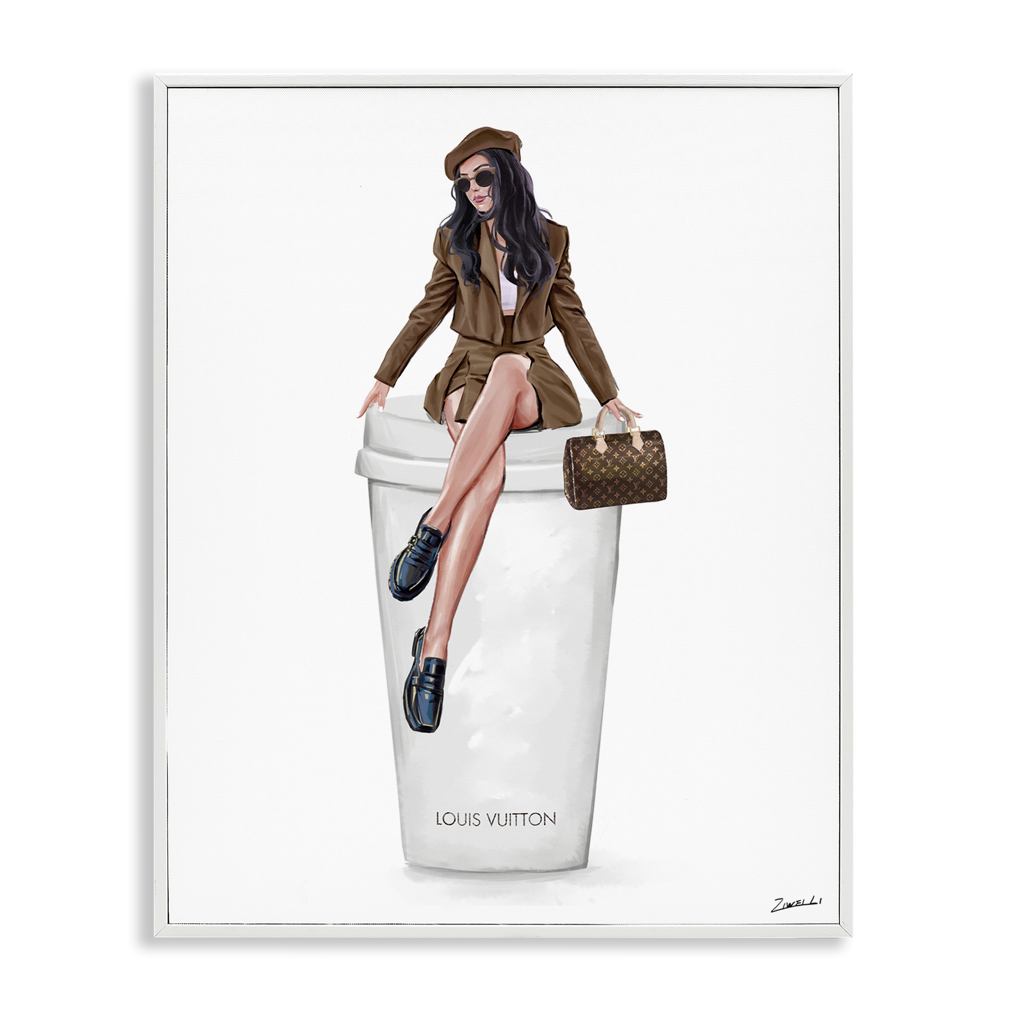 Stupell Industries Lovely Lady on Coffee Cup People Painting White Framed Art Print Wall Art, 16 x 20