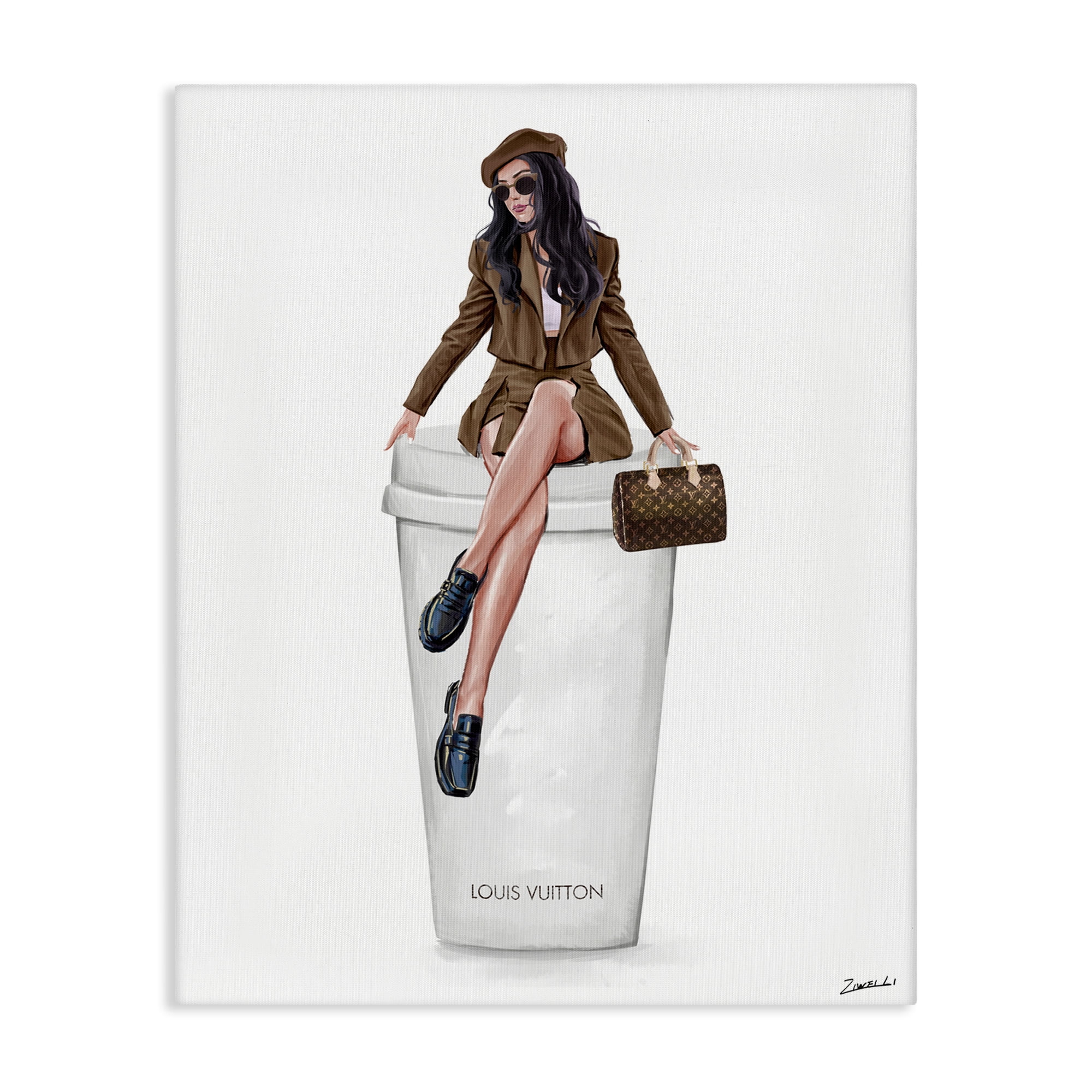 Stupell Industries Lovely Lady on Coffee Cup People Painting Wrapped Canvas Art Print Wall Art, 30 x 40