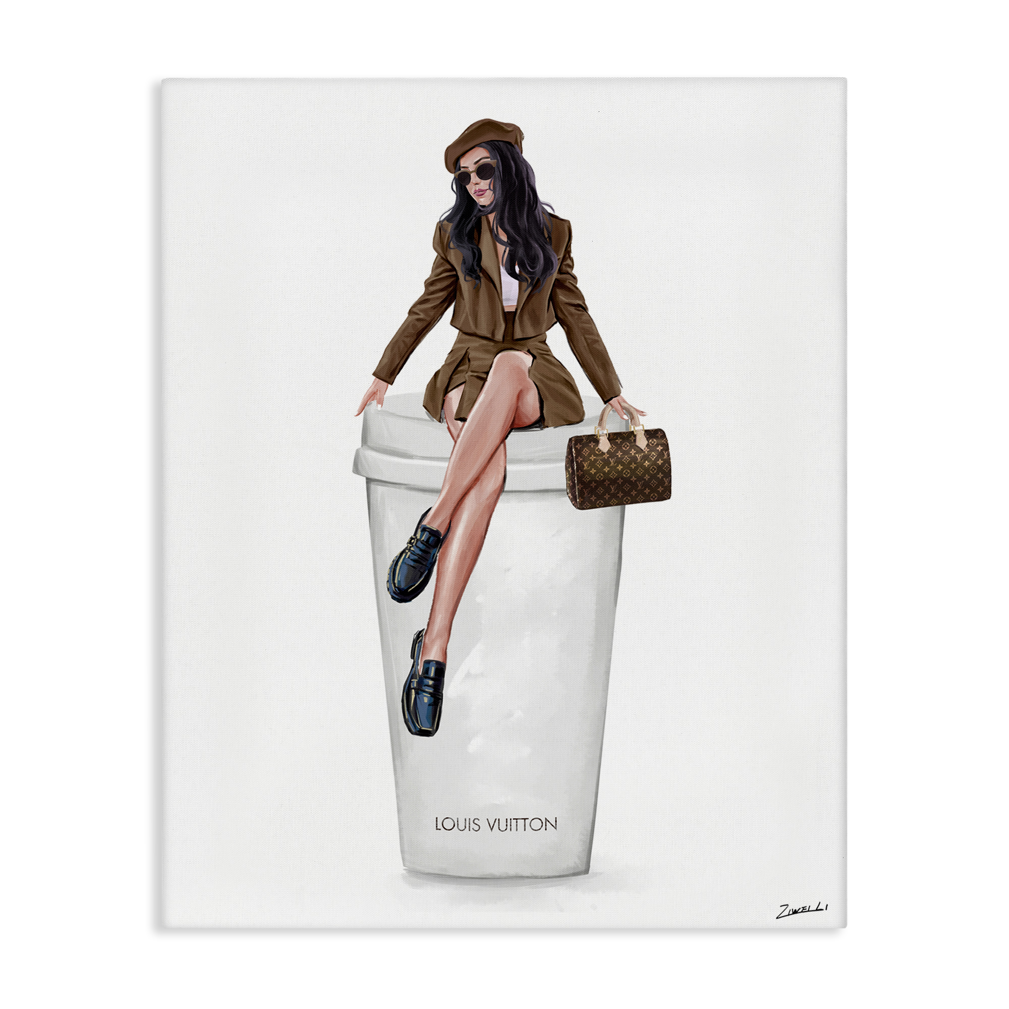 Stupell Industries Lovely Lady on Coffee Cup People Painting Wrapped Canvas Art Print Wall Art, 36 x 48