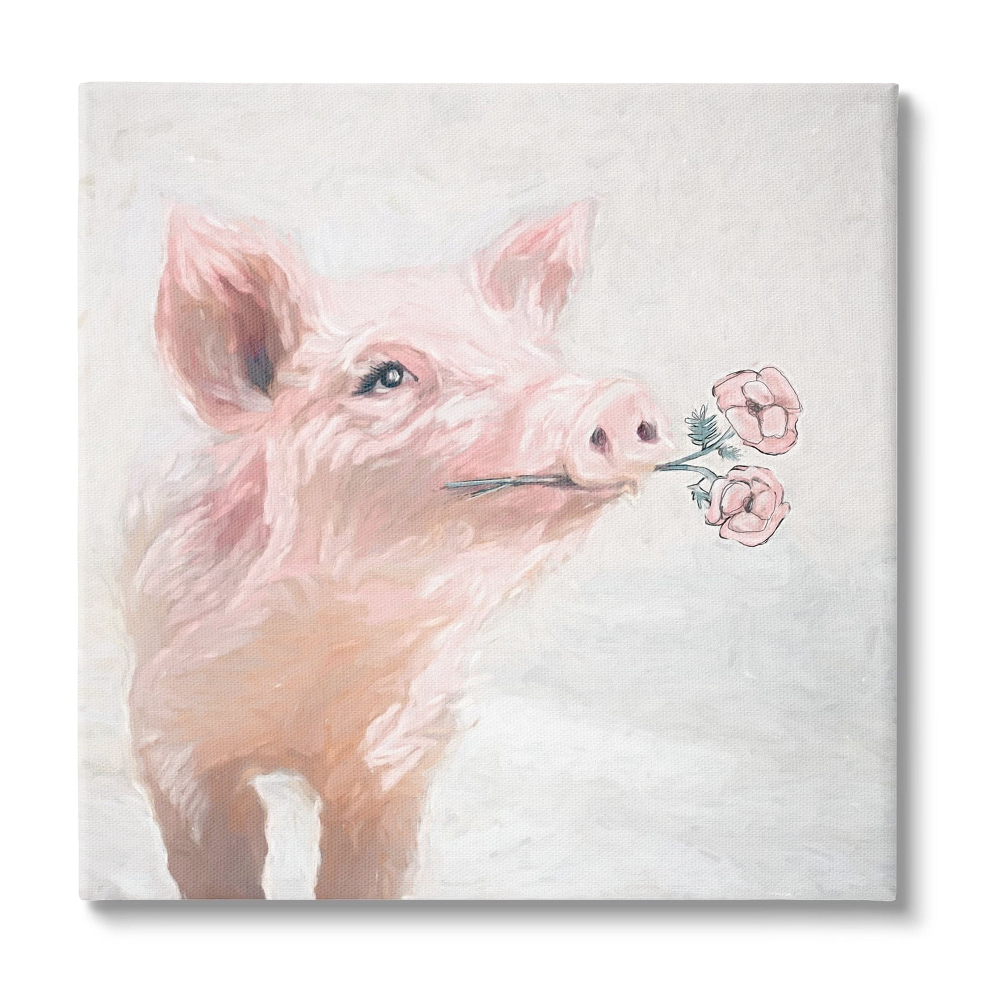 Stupell Industries Lovely Pink Country Pig Flower Blossoms Painting Canvas Wall Art, 17 x 17, Design by White Ladder