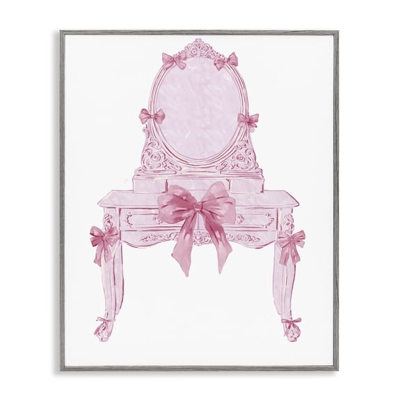 Stupell Industries Lovely Pink Vanity with Bows Fashion Painting Gray Framed Art Print Wall Art, 11 x 14