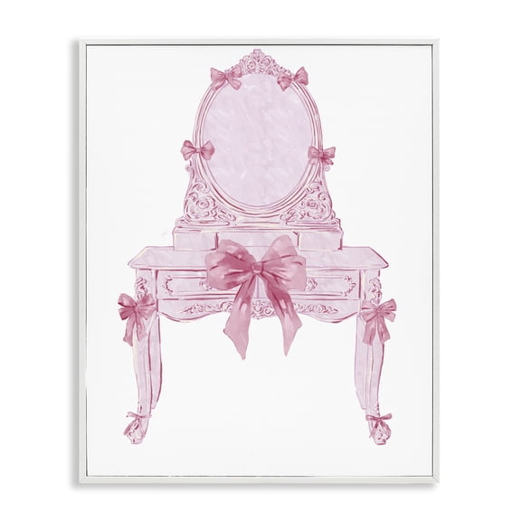 Stupell Industries Lovely Pink Vanity with Bows Fashion Painting White Framed Art Print Wall Art, 16 x 20