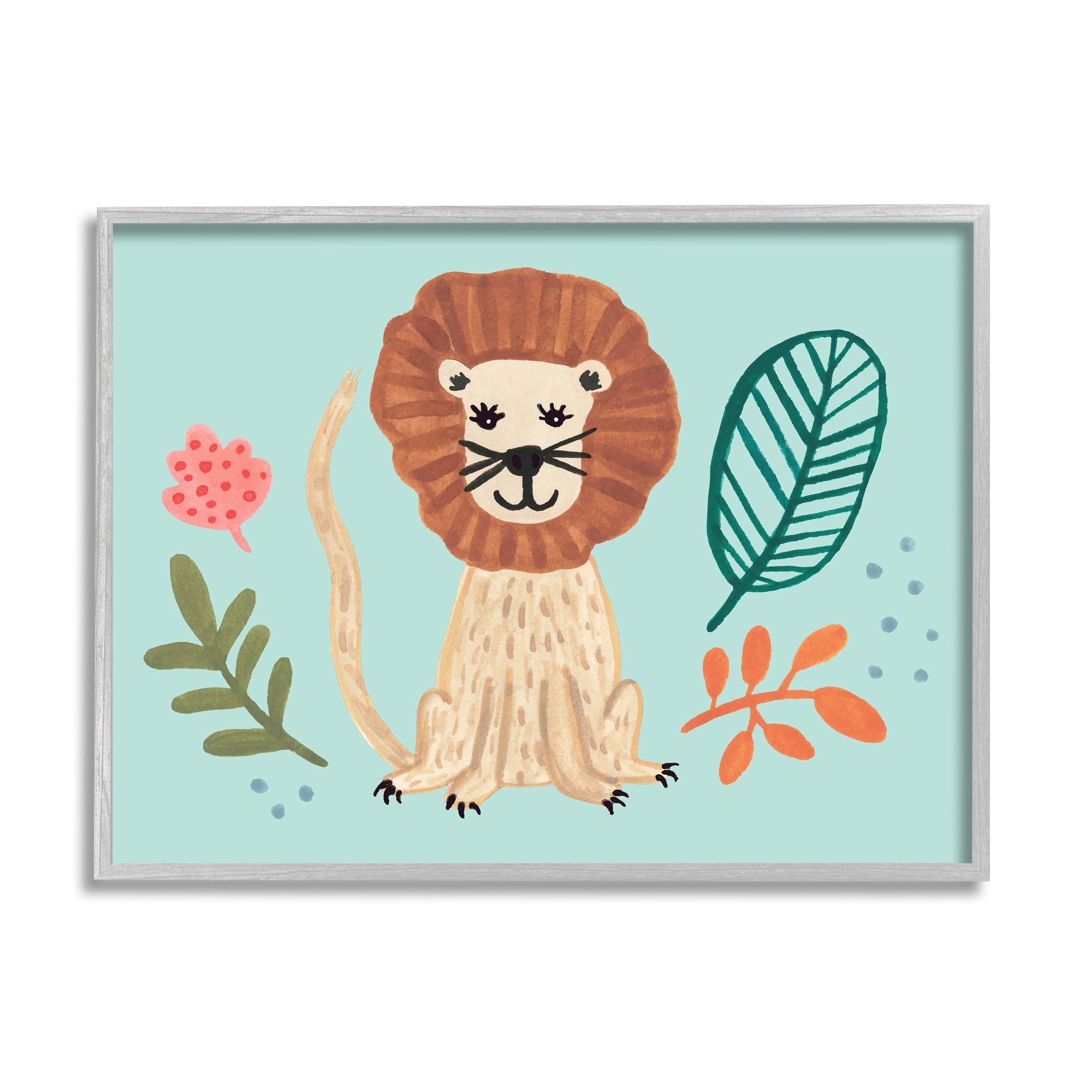 Stupell Industries Lovely Smiling Lion Botanical Plant Frame Illustration Paintings Gray Framed Art Print Wall Art, 14x11, by Heather Strianese