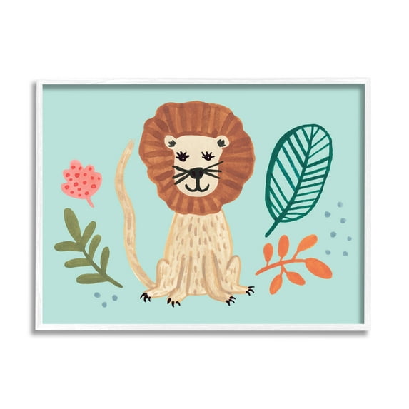 Stupell Industries Lovely Smiling Lion Botanical Plant Frame Illustration Paintings White Framed Art Print Wall Art, 20x16, by Heather Strianese
