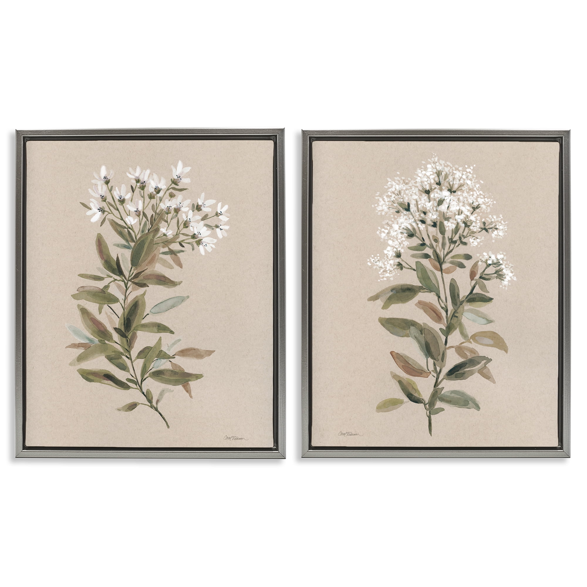 Stupell Industries Lovely White Floral Stem Plants & Flowers Painting Gray Floater Framed Canvas Art Print Wall Art, 17 x 21, Set of 2