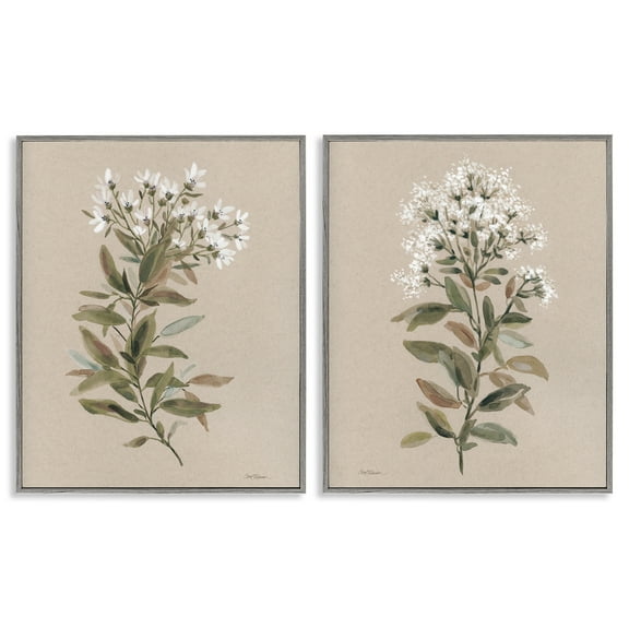 Stupell Industries Lovely White Floral Stem Plants & Flowers Painting Gray Framed Art Print Wall Art, 16 x 20, Set of 2
