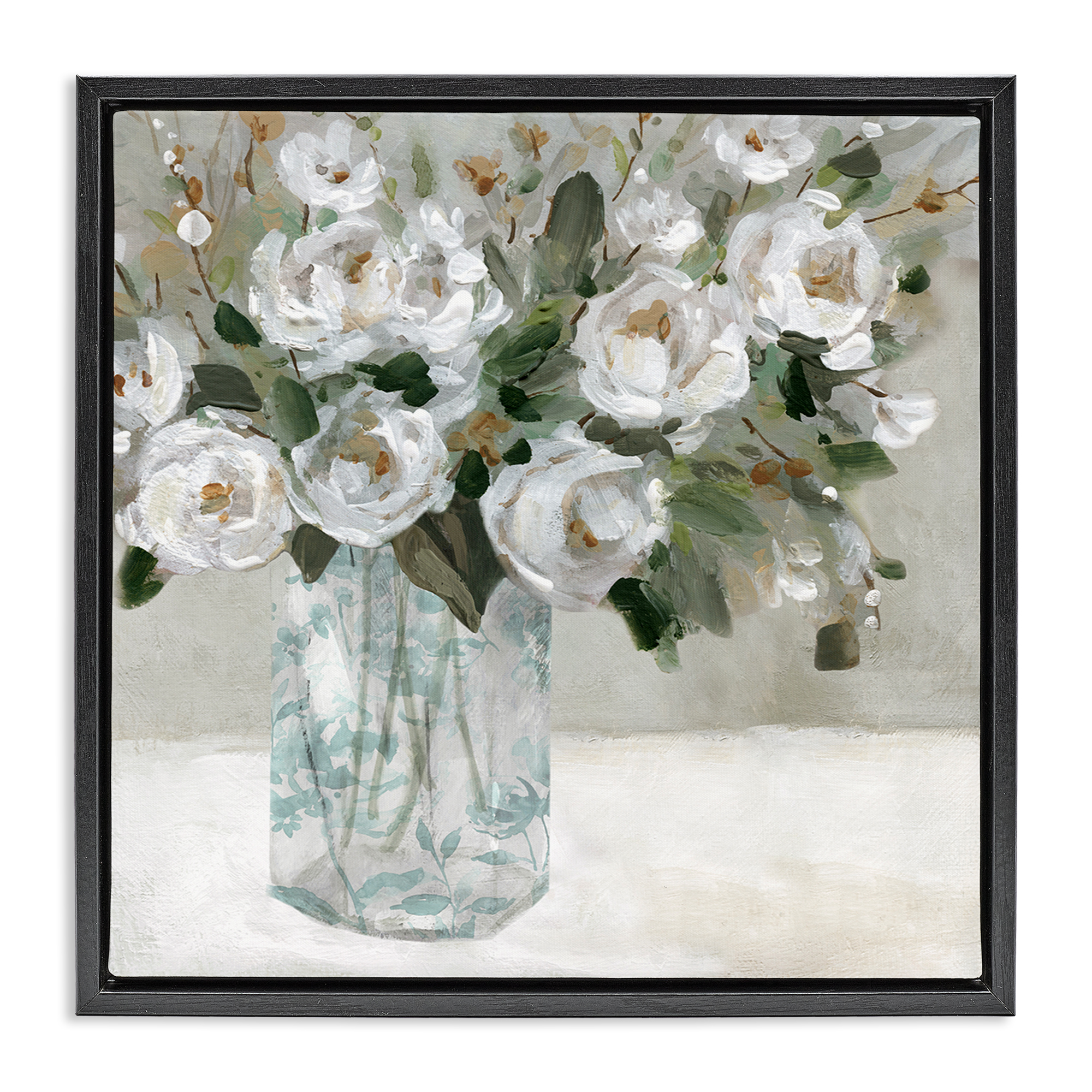 Stupell Industries Lovely White Roses Plants & Flowers Painting Black Floater Framed Canvas Art Print Wall Art, 25 x 25