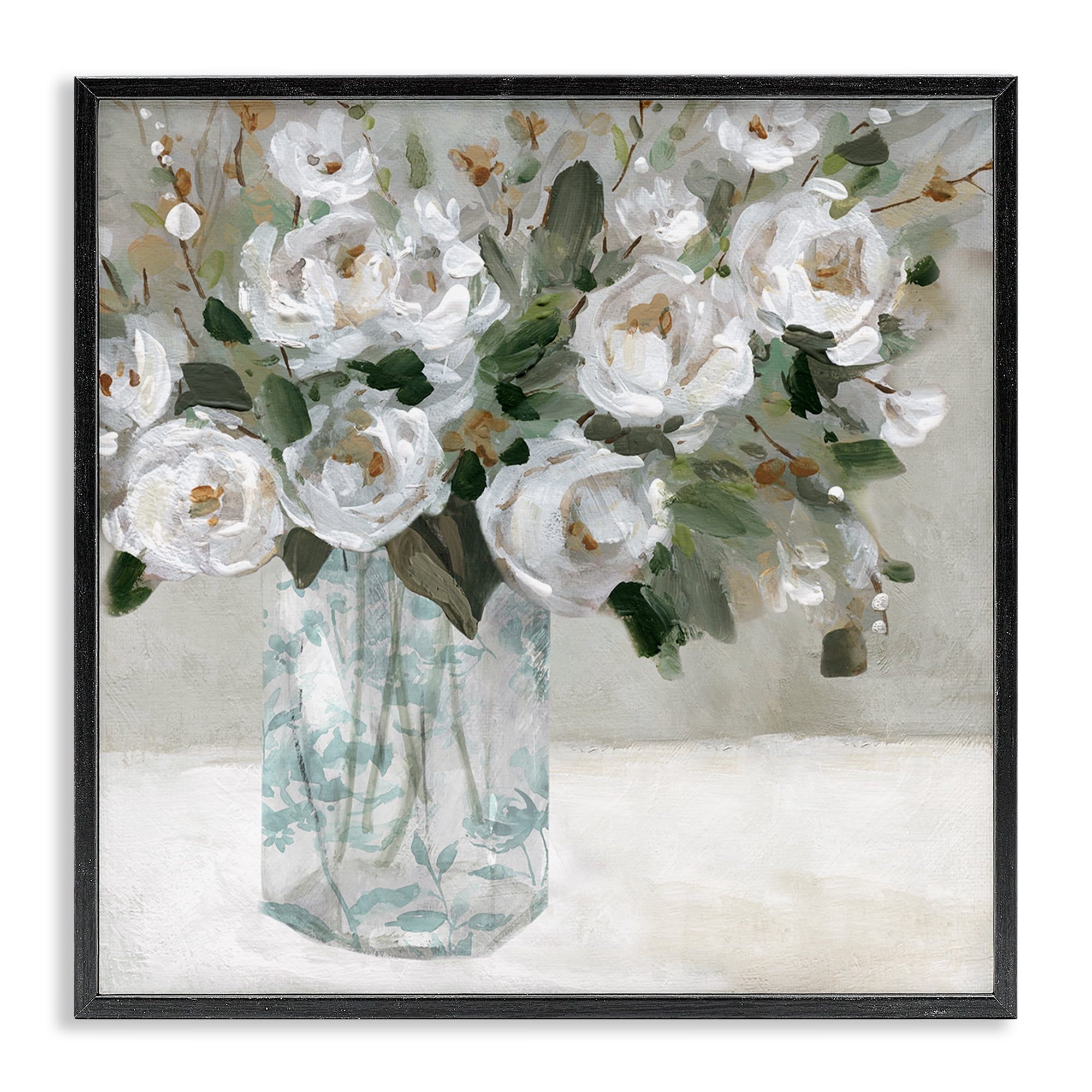 Stupell Industries Lovely White Roses Plants & Flowers Painting Black Framed Art Print Wall Art, 17 x 17