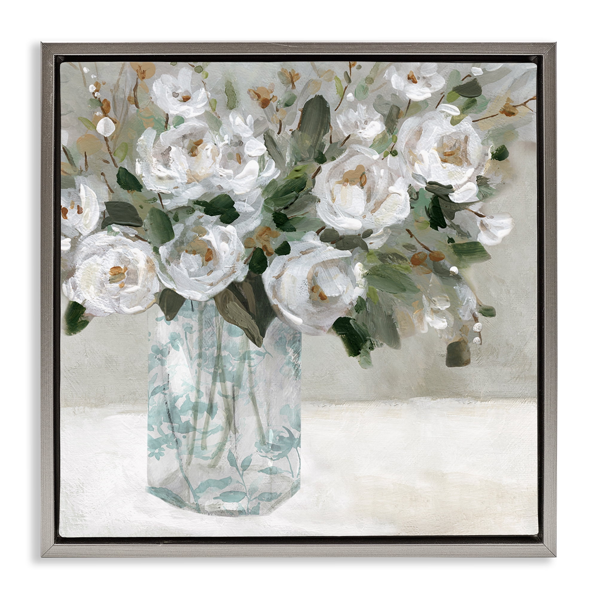 Stupell Industries Lovely White Roses Plants & Flowers Painting Gray Floater Framed Canvas Art Print Wall Art, 18 x 18