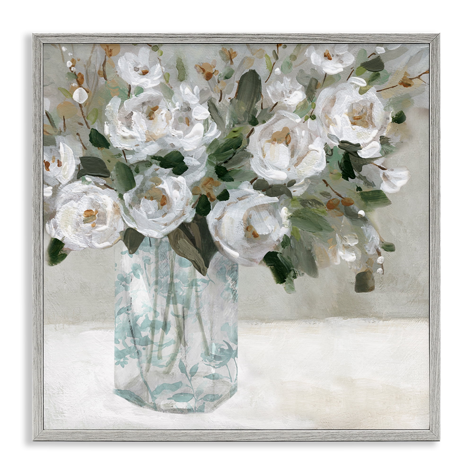 Stupell Industries Lovely White Roses Plants & Flowers Painting Gray Framed Art Print Wall Art, 12 x 12
