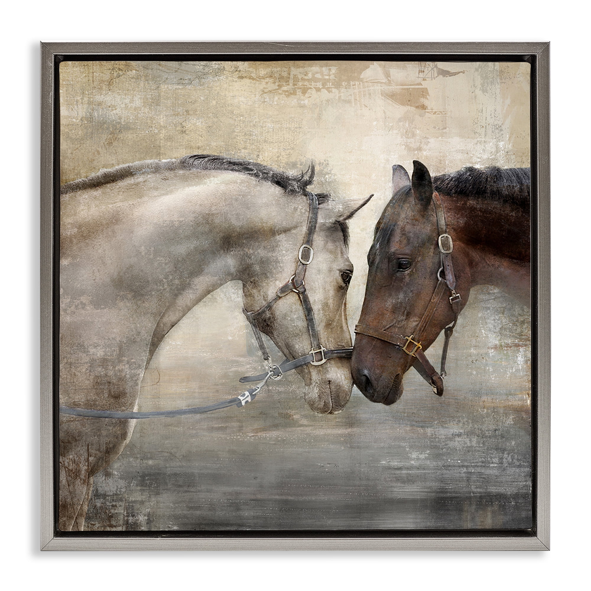 Stupell Industries Loving Horse Couple Animals & Insects Painting Gray Floater Framed Canvas Art Print Wall Art, 18 x 18