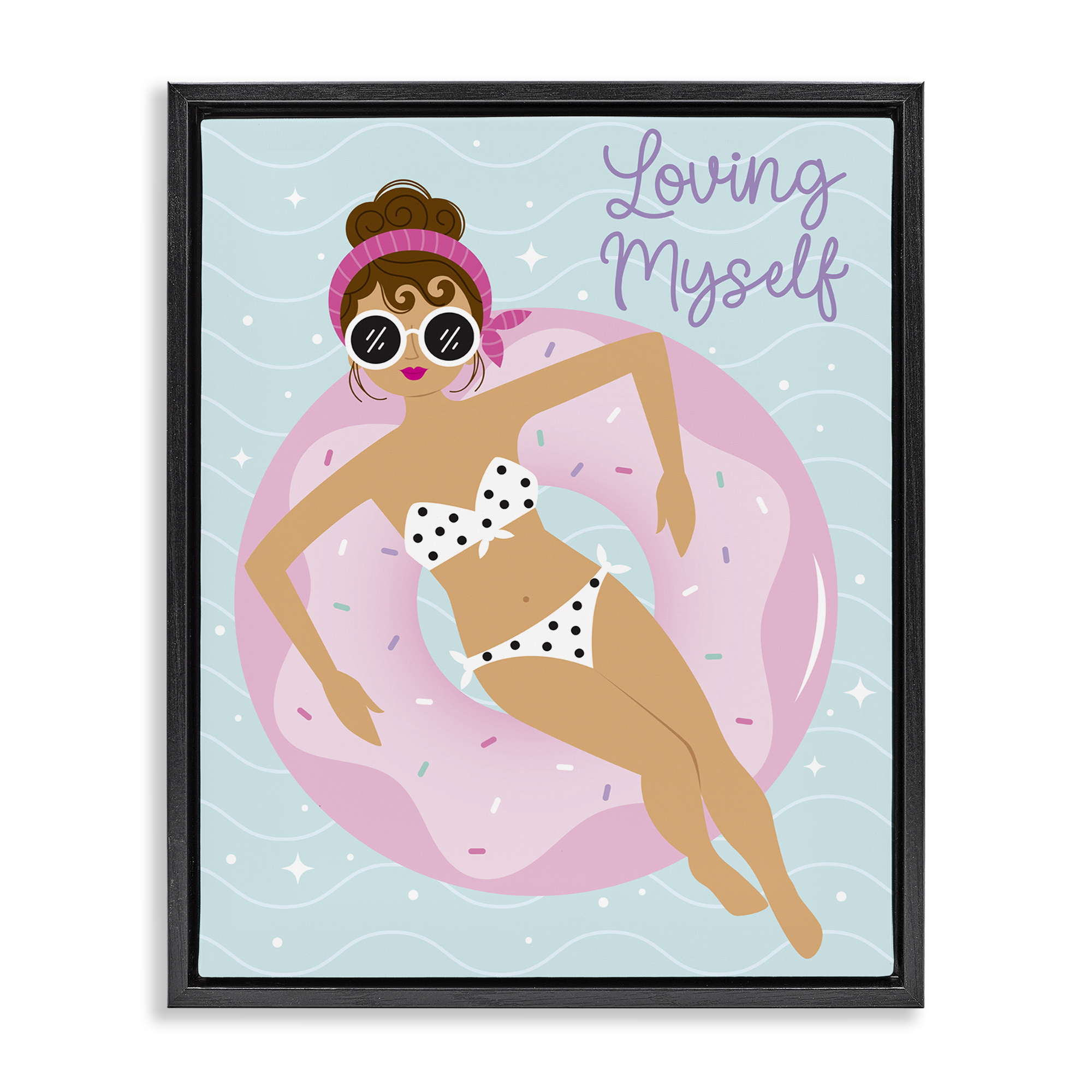 Stupell Industries Loving Myself Girl in Pool People Painting Black Floater Framed Canvas Art Print Wall Art, 25 x 31