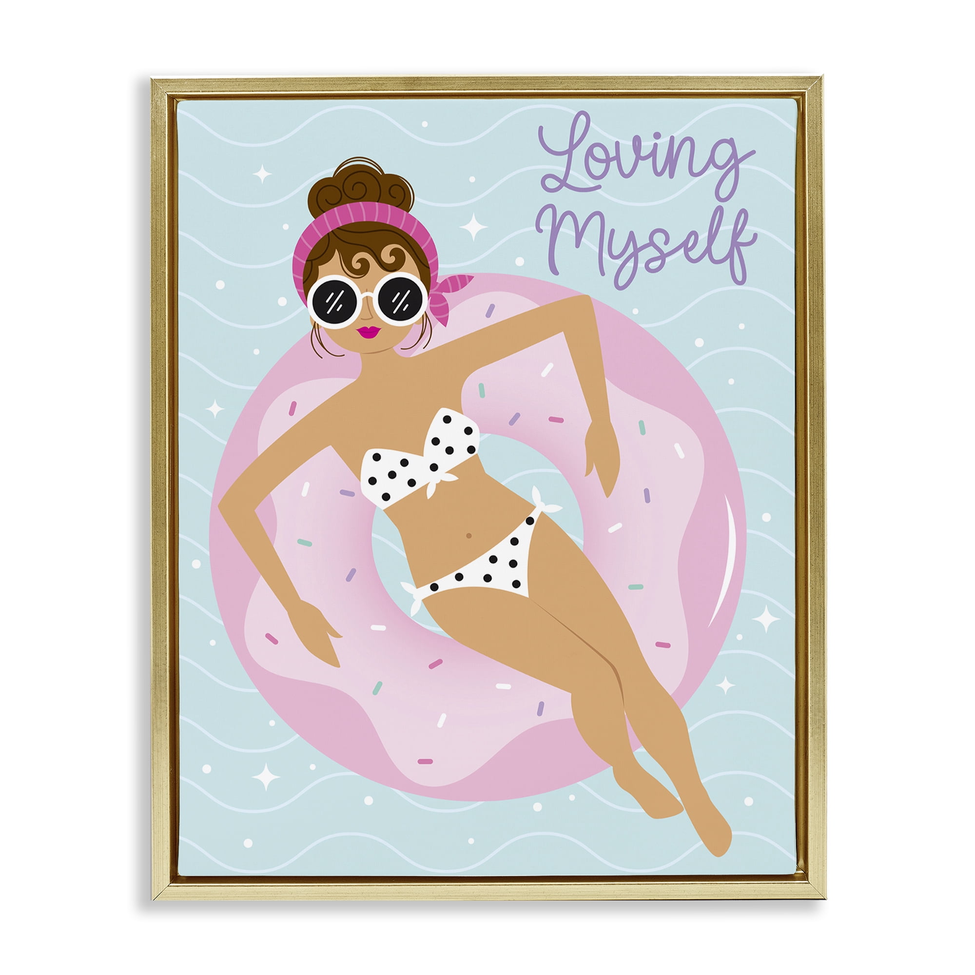 Stupell Industries Loving Myself Girl in Pool People Painting Gold Floater Framed Canvas Art Print Wall Art, 25 x 31