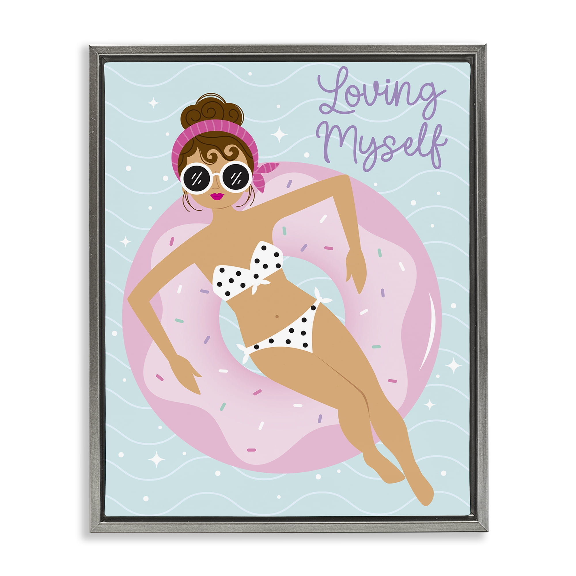 Stupell Industries Loving Myself Girl in Pool People Painting Gray Floater Framed Canvas Art Print Wall Art, 17 x 21