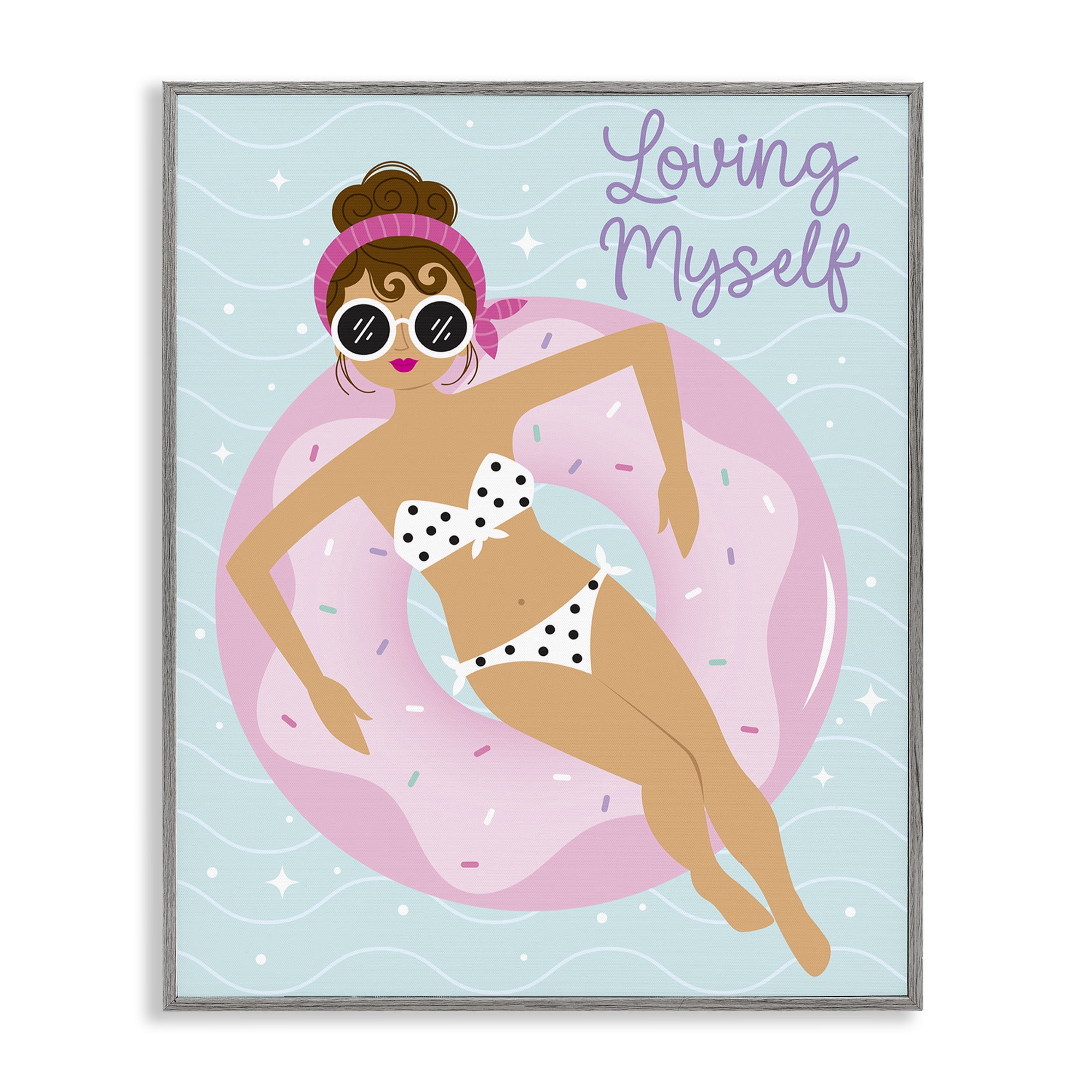 Stupell Industries Loving Myself Girl in Pool People Painting Gray Framed Art Print Wall Art, 24 x 30