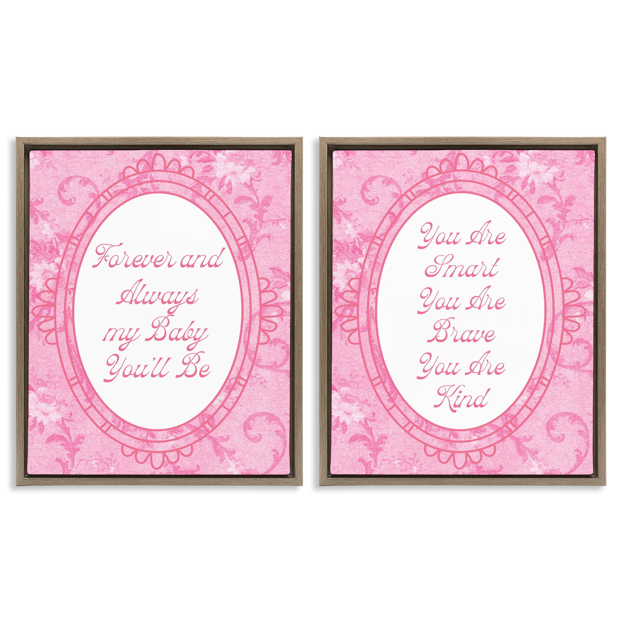 Stupell Industries Loving Pink Ornate Phrases 2 Piece Brown Framed Floater Canvas Set, design by Lil' Rue