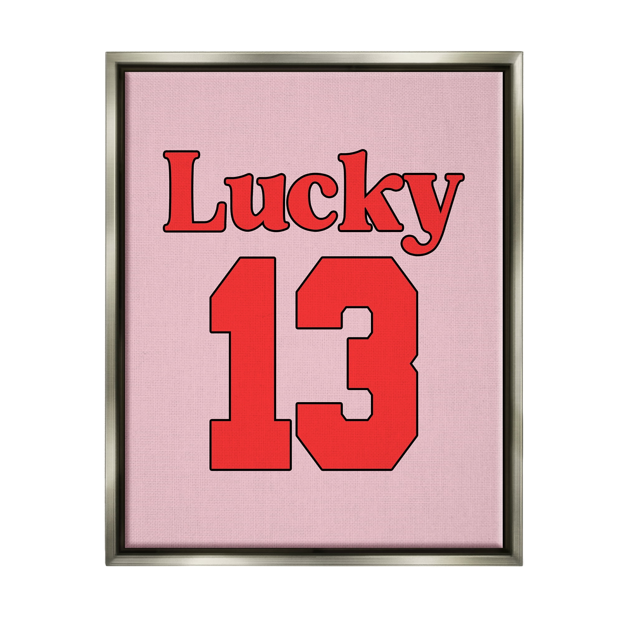 Stupell Industries Lucky 13 Varsity Text Typography Painting Gray Floater Framed Canvas Art Print Wall Art, 17 x 21